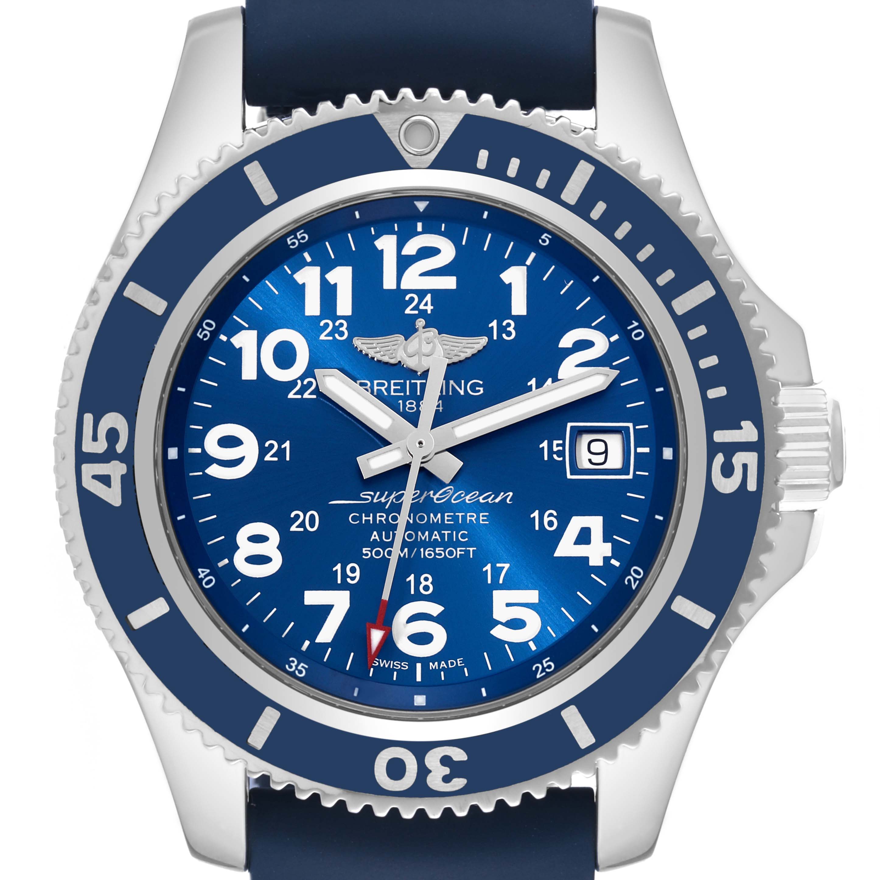 The image shows a front view of a Breitling Superocean A17365 Men's Stainless Steel Blue Dial A17365 Men's Stainless Steel Blue Dial watch, highlighting its blue dial, bezel, and date window.