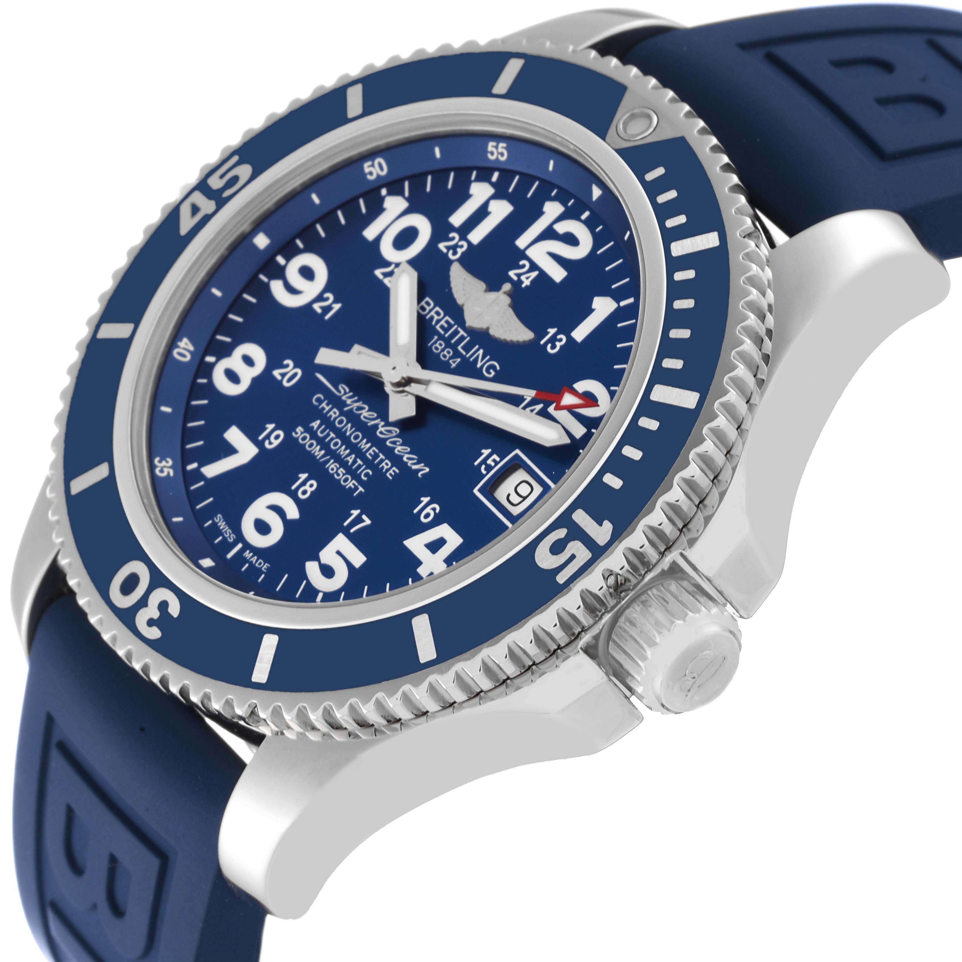 The Breitling Superocean A17365 Men's Stainless Steel Blue Dial A17365 Men's Stainless Steel Blue Dial watch is shown at an angled side view, highlighting the dial, bezel, and crown.