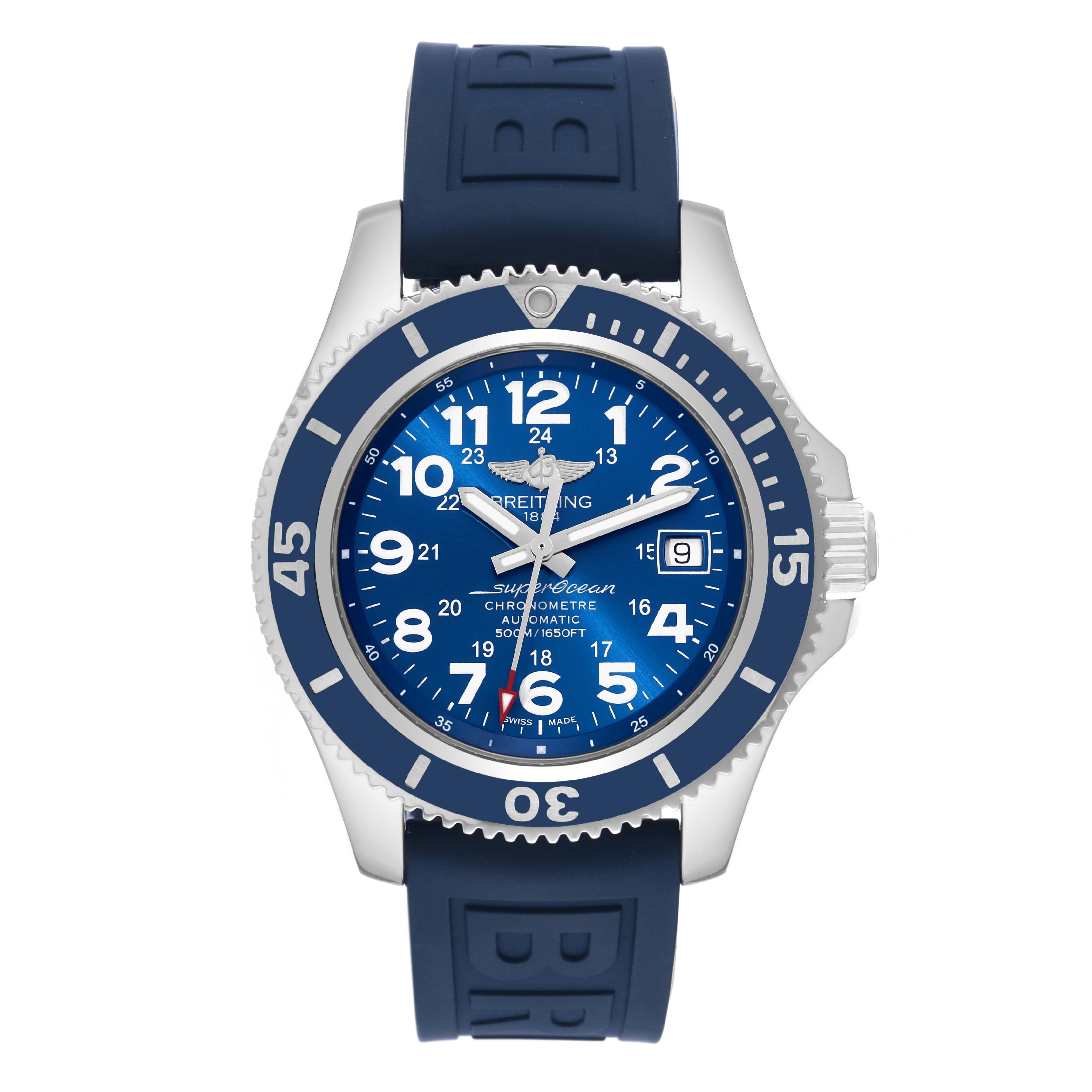 The image shows a front view of a Breitling Superocean A17365 Men's Stainless Steel Blue Dial A17365 Men's Stainless Steel Blue Dial watch, highlighting the dial, bezel, and rubber strap.