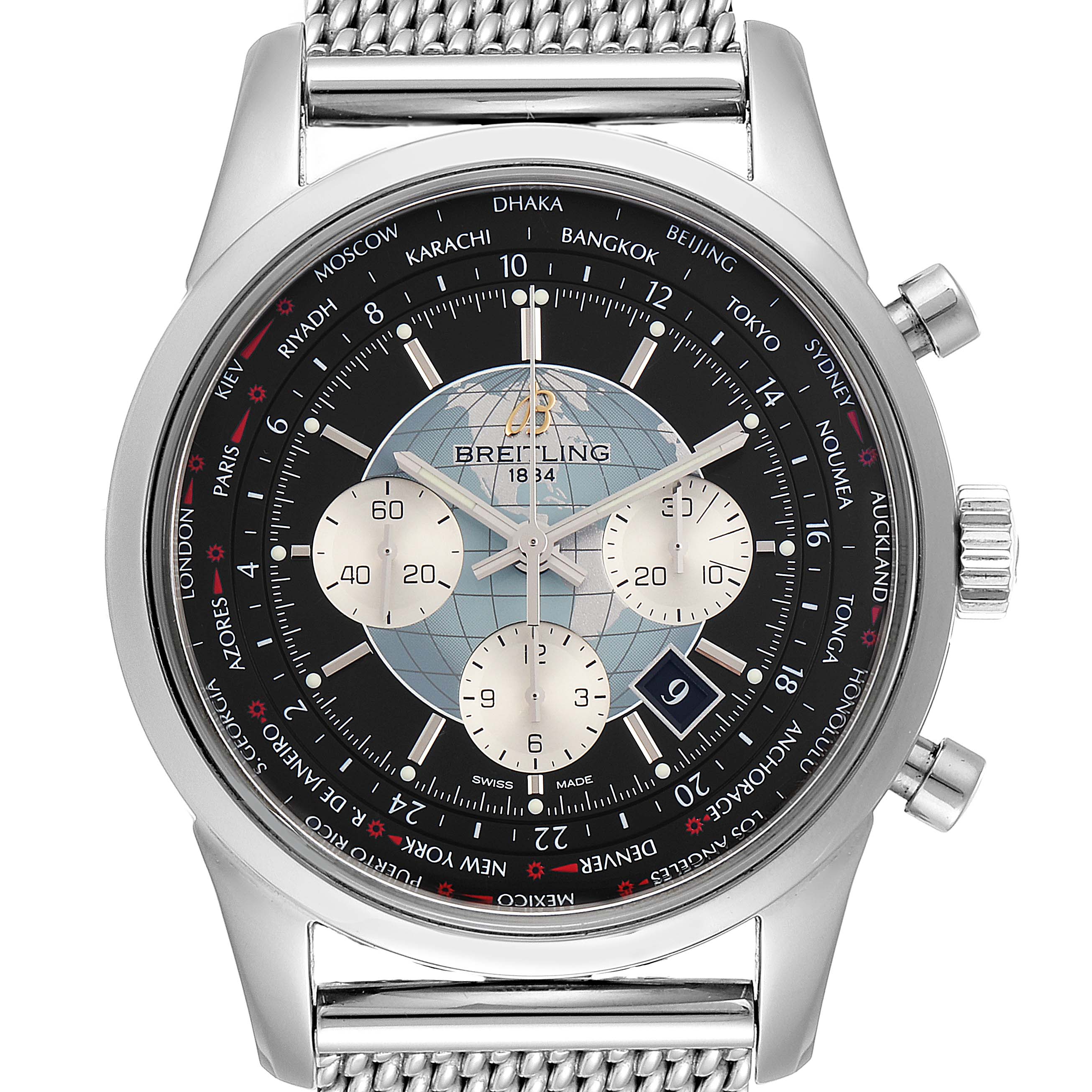This image shows a front view of the dial and part of the bracelet of the Breitling Transocean AB0510 Men
s Stainless Steel Silver Dial AB0510 Men
s Stainless Steel Silver Dial watch.
