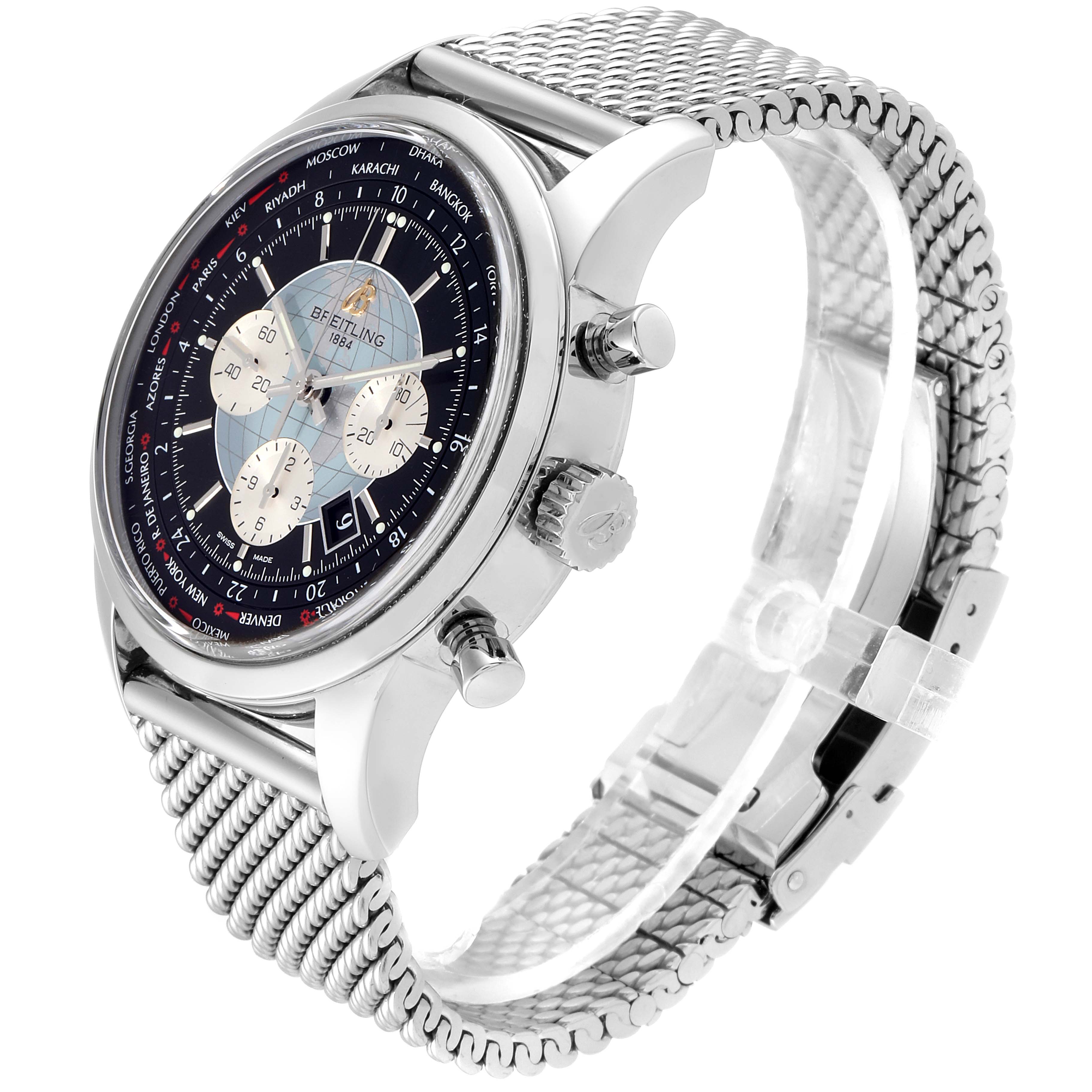 The image shows a side view of the Breitling Transocean AB0510 Men
s Stainless Steel Silver Dial AB0510 Men
s Stainless Steel Silver Dial watch, displaying its face, side buttons, crown, and mesh bracelet.