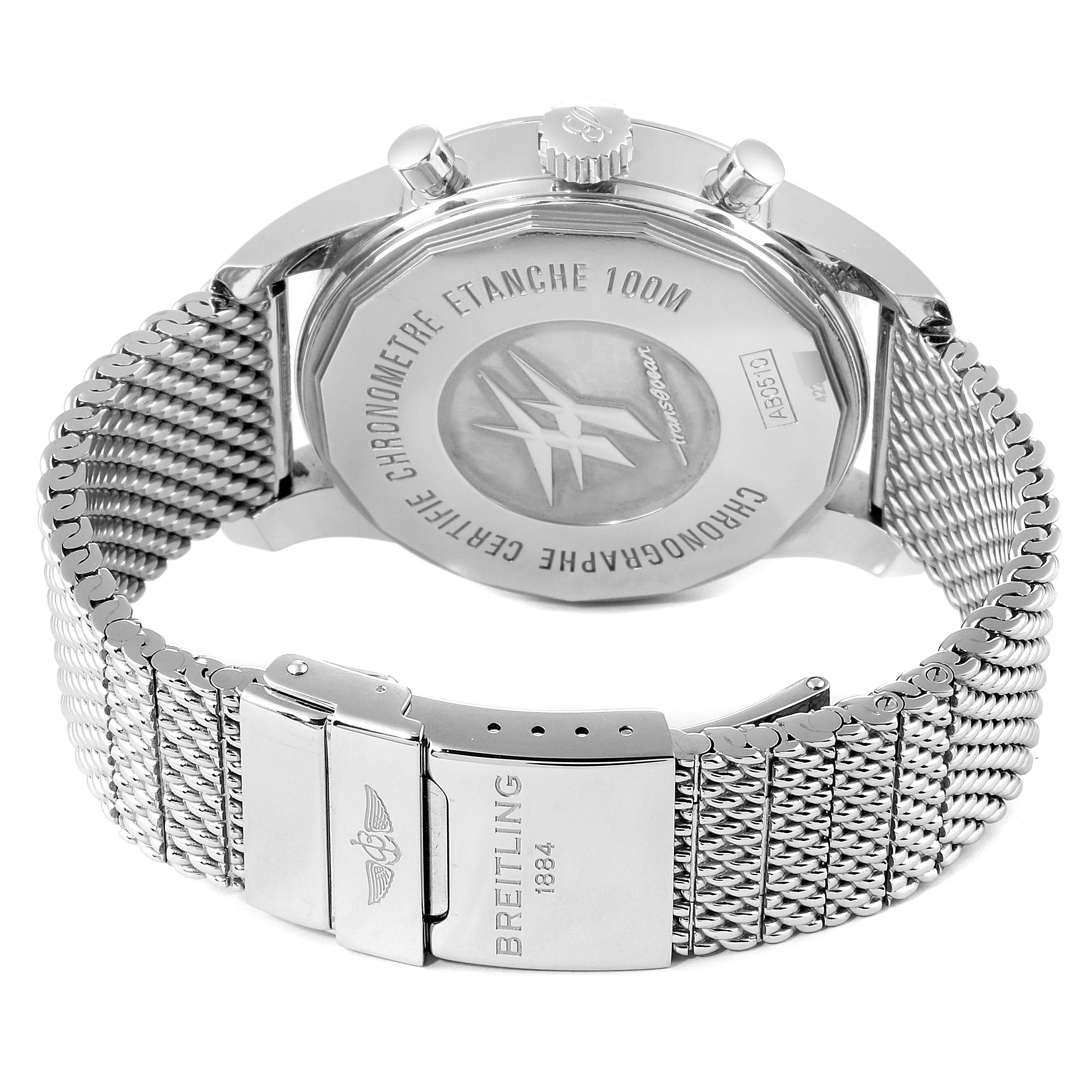 The image shows the back case and clasp of the Breitling Transocean AB0510 Men
s Stainless Steel Silver Dial AB0510 Men
s Stainless Steel Silver Dial watch viewed from an angle behind the wristband.