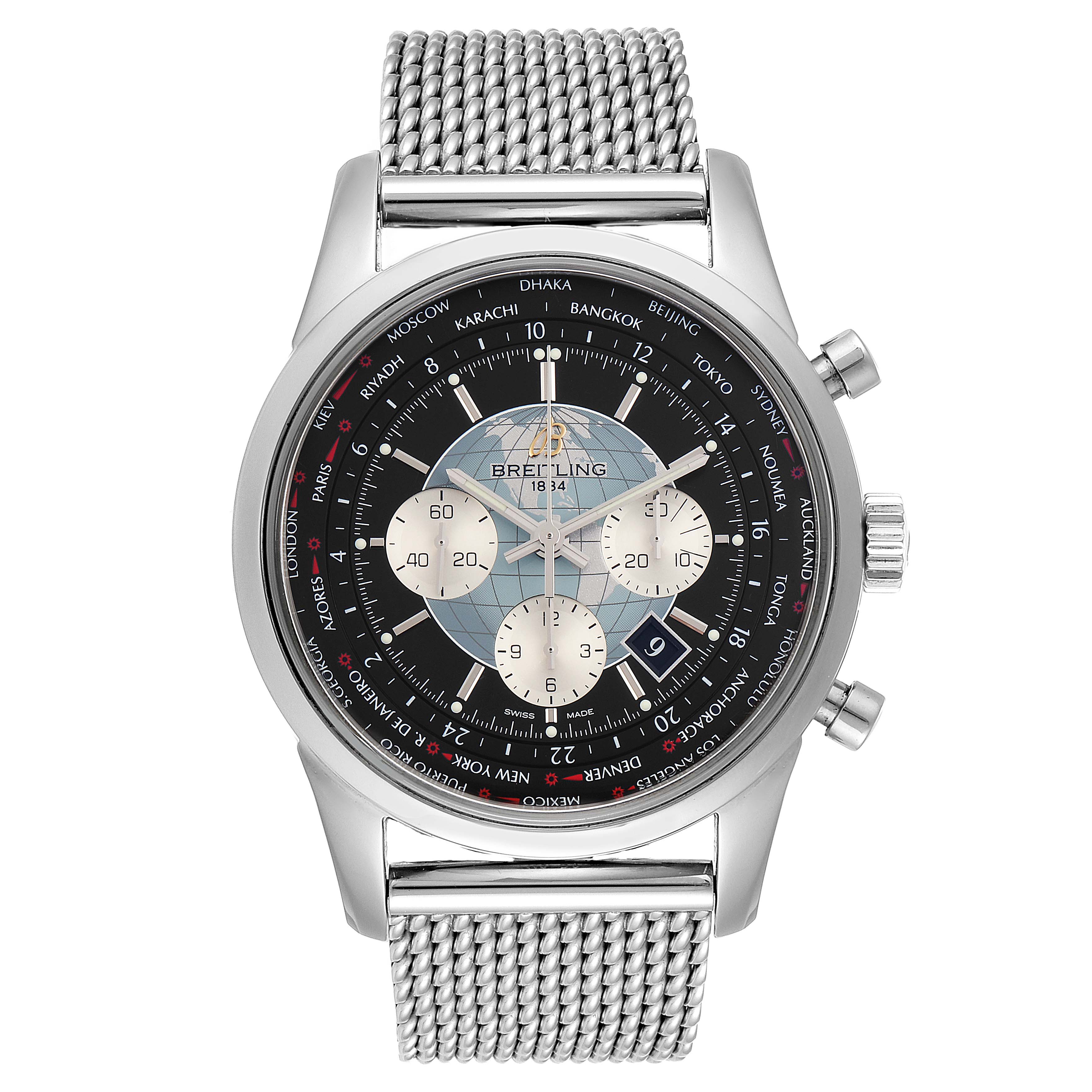 The image shows a front view of the Breitling Transocean AB0510 Men
s Stainless Steel Silver Dial AB0510 Men
s Stainless Steel Silver Dial watch, featuring its face, dial, and mesh strap.