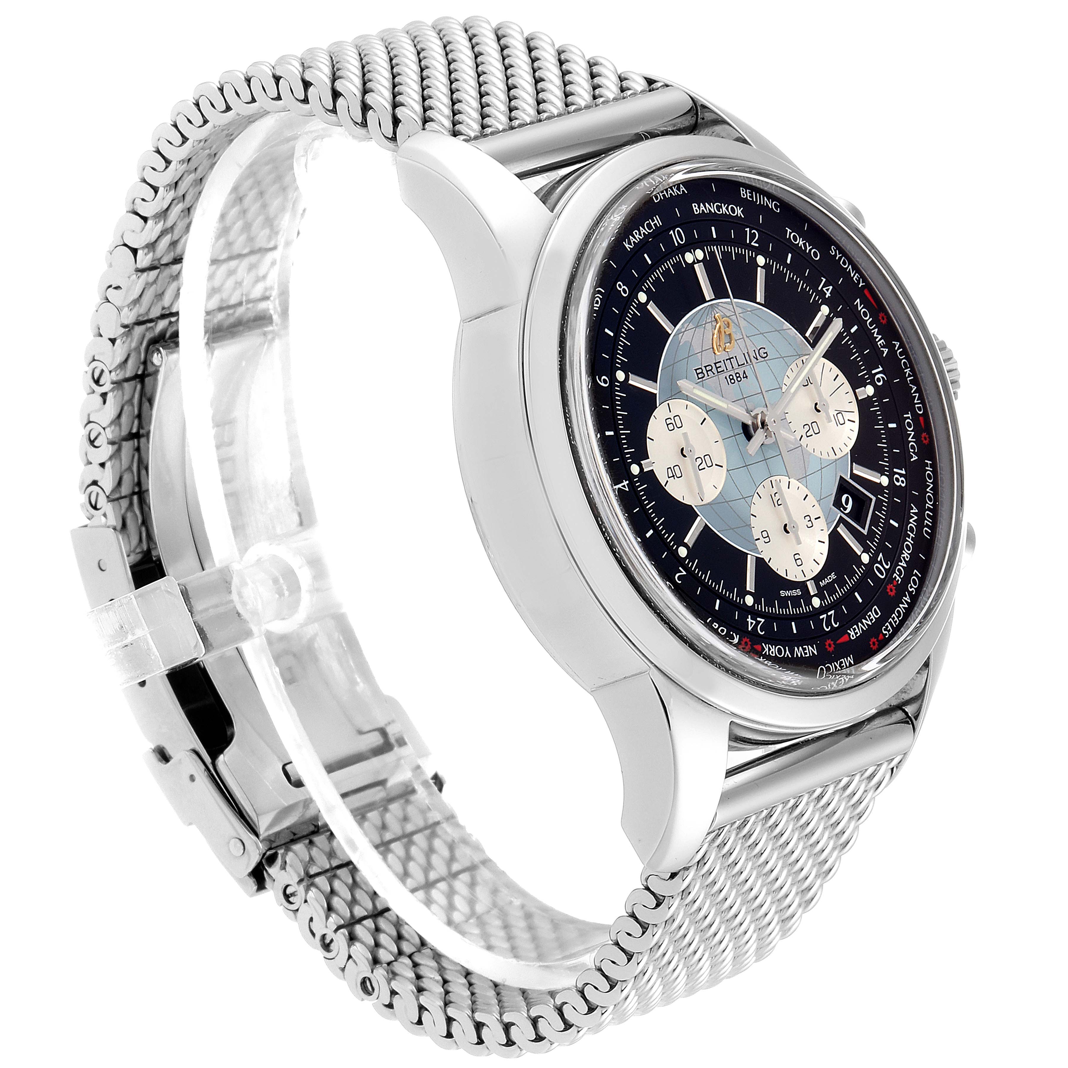The image shows a Breitling Transocean AB0510 Men
s Stainless Steel Silver Dial AB0510 Men
s Stainless Steel Silver Dial watch angled from the side, highlighting its mesh bracelet, case, and dial.