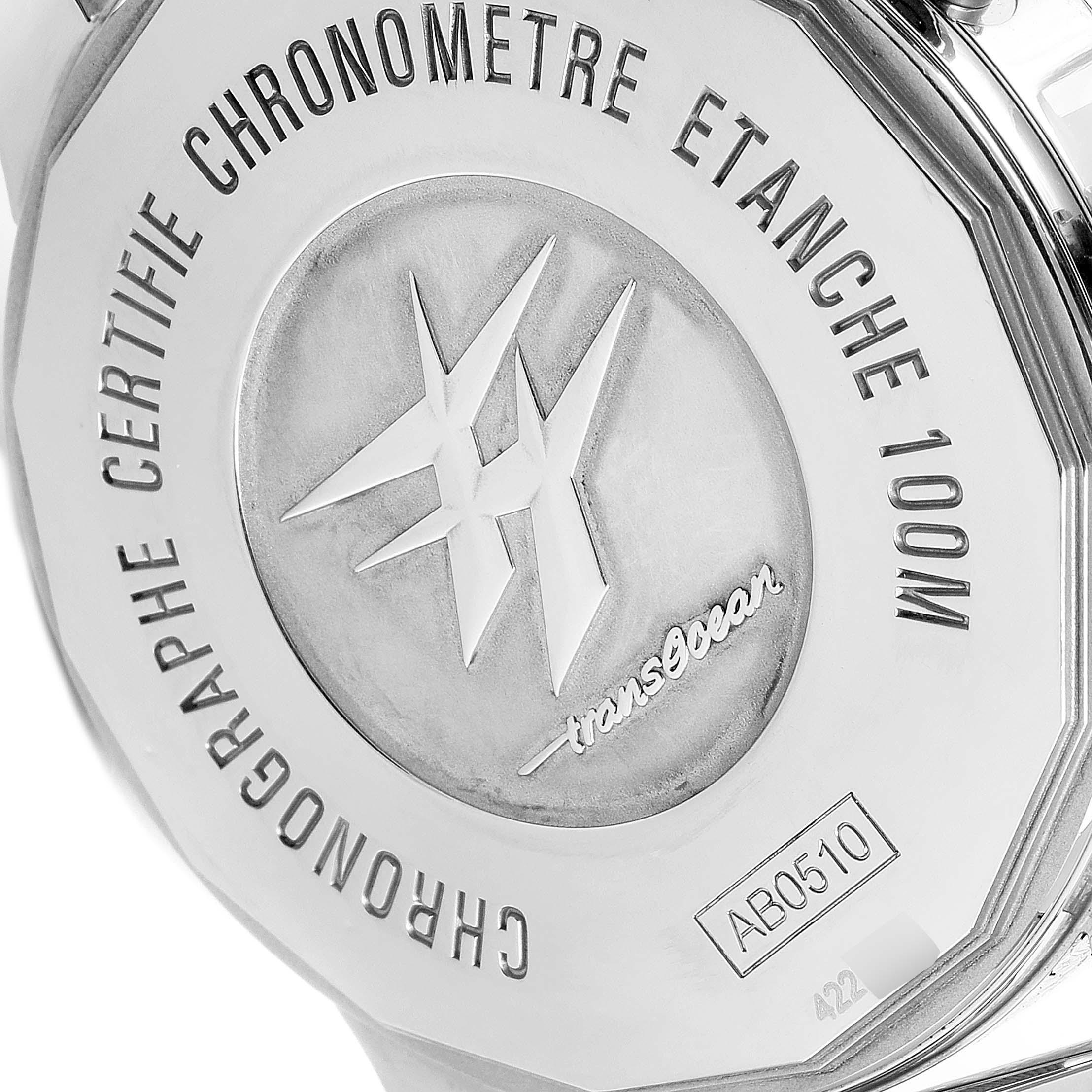 The image shows the back case of a Breitling Transocean AB0510 Men
s Stainless Steel Silver Dial AB0510 Men
s Stainless Steel Silver Dial watch, highlighting the model number AB0510.