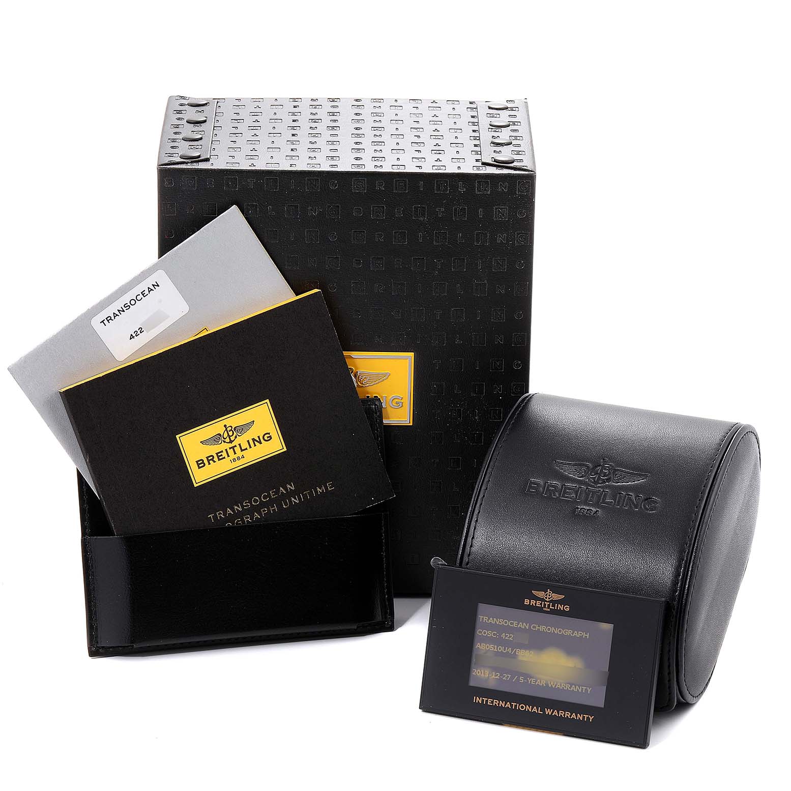 The image shows the packaging, documentation, and warranty card for a Breitling Transocean AB0510 Men
s Stainless Steel Silver Dial AB0510 Men
s Stainless Steel Silver Dial watch.