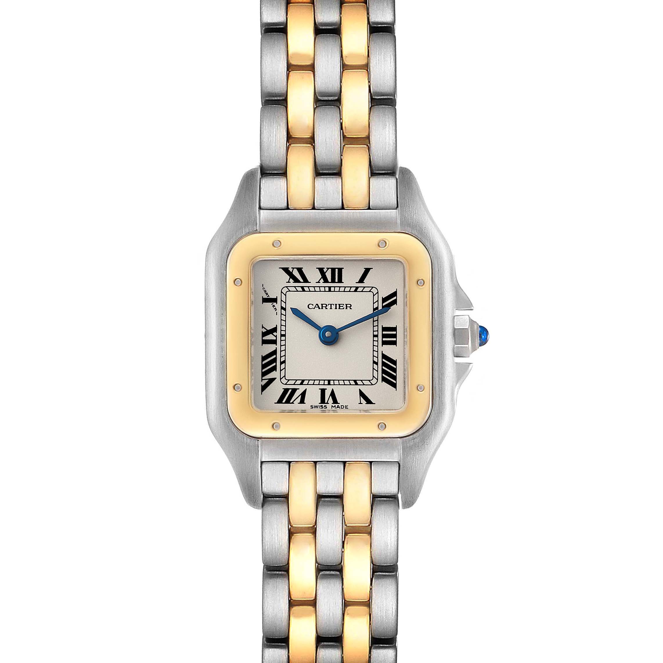 The image shows a front view of a Cartier Panthere W25029B6 Women's Steel and Gold (two tone) Silver Dial W25029B6 Women's Steel and Gold (two tone) Silver Dial watch, highlighting its dial, hands, bezel, and bracelet.