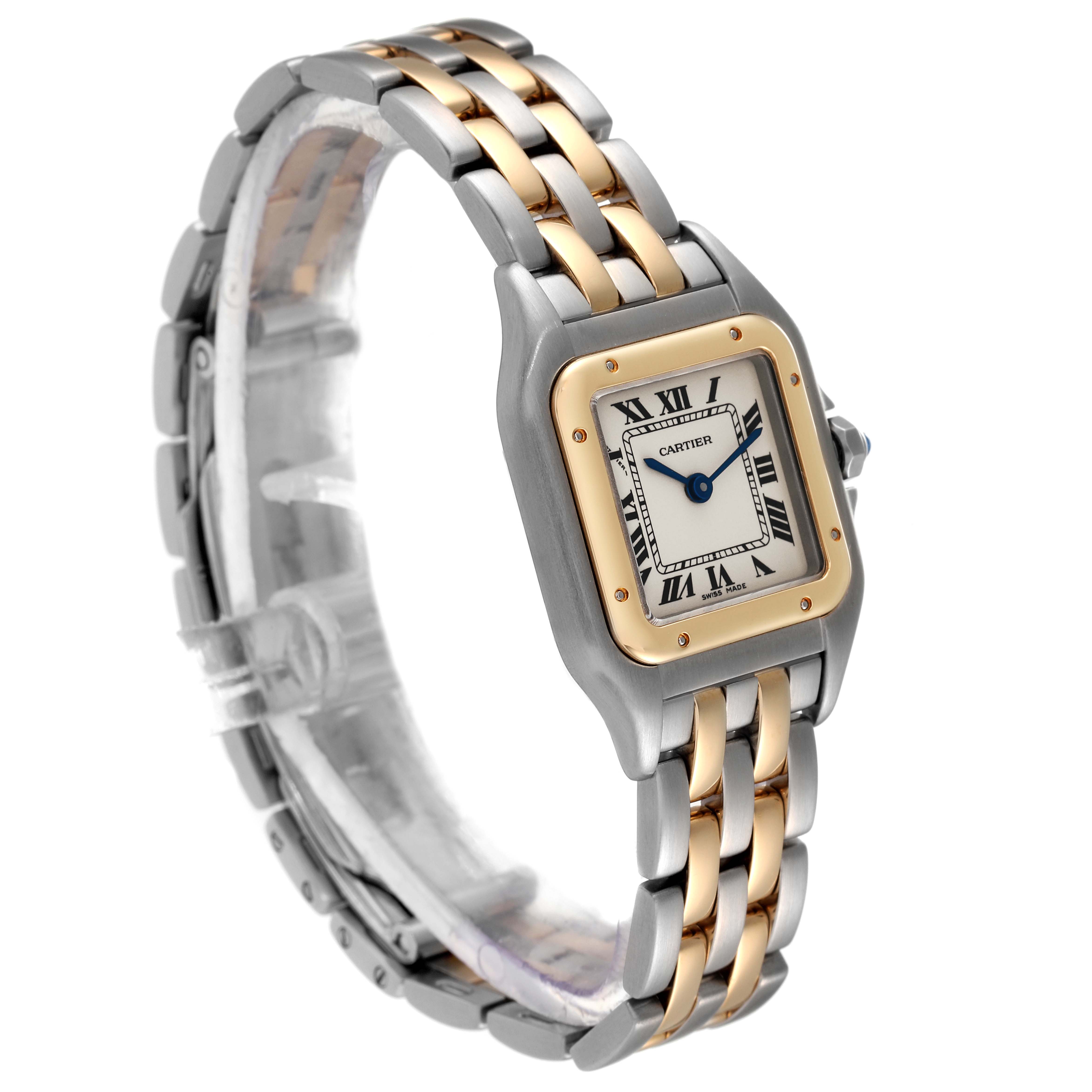 The Cartier Panthere W25029B6 Women's Steel and Gold (two tone) Silver Dial W25029B6 Women's Steel and Gold (two tone) Silver Dial watch is shown at a slight angle, highlighting its gold and silver bracelet and square face with Roman numerals.