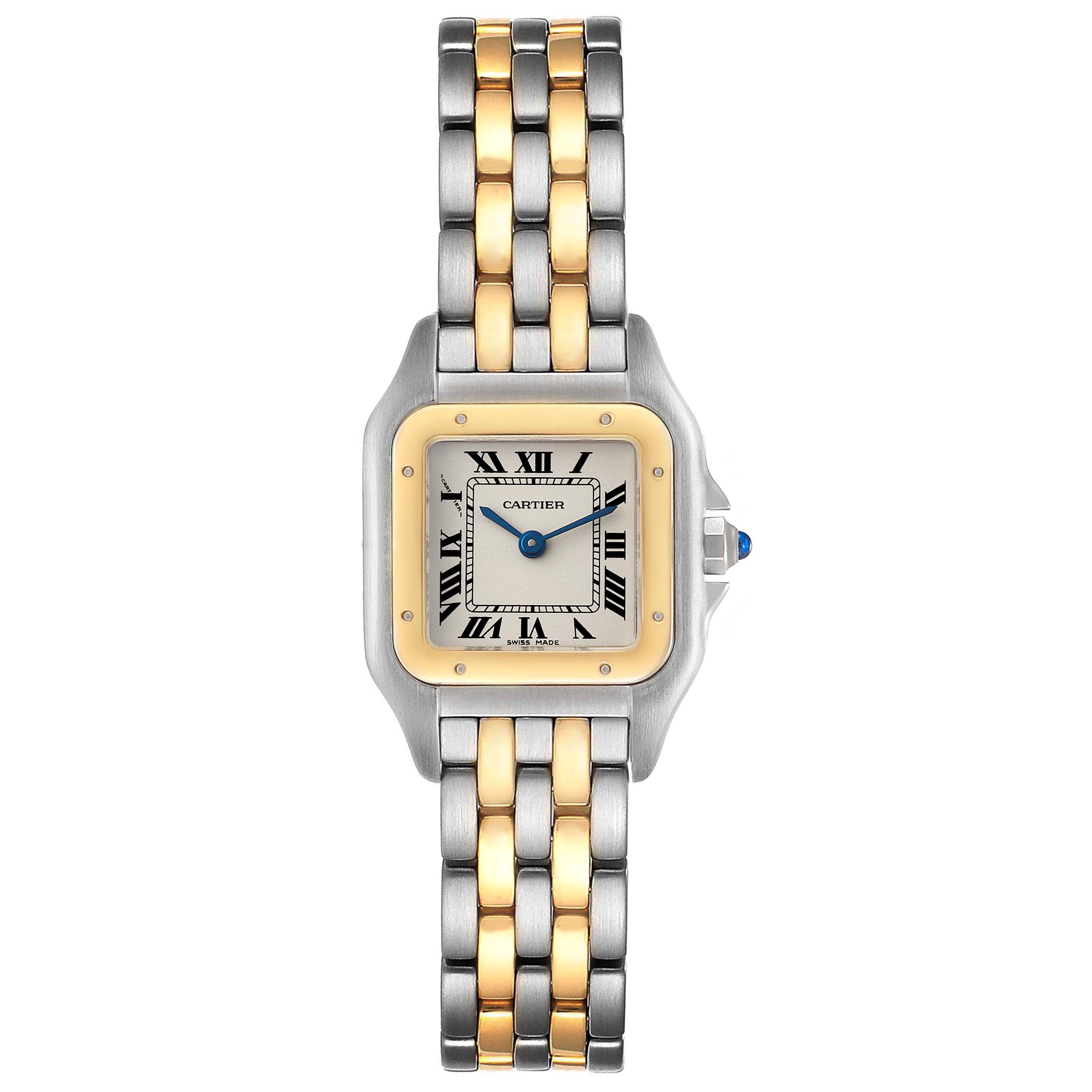 This image shows a front view of a Cartier Panthère model watch, highlighting its two-tone metal bracelet and square dial.