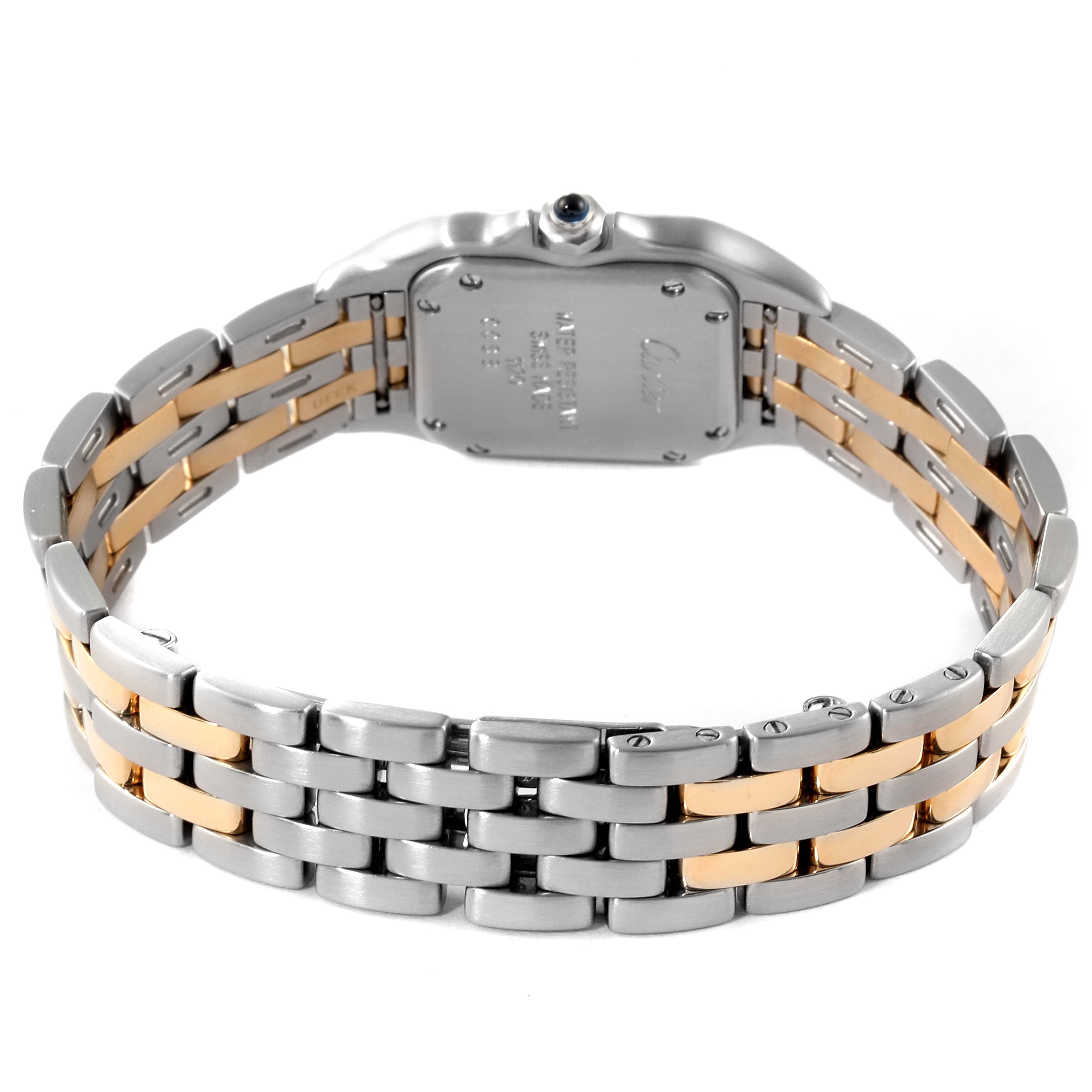 This image shows the back and band of a Cartier Panthere W25029B6 Women's Steel and Gold (two tone) Silver Dial W25029B6 Women's Steel and Gold (two tone) Silver Dial watch, highlighting its dual-tone metal links.