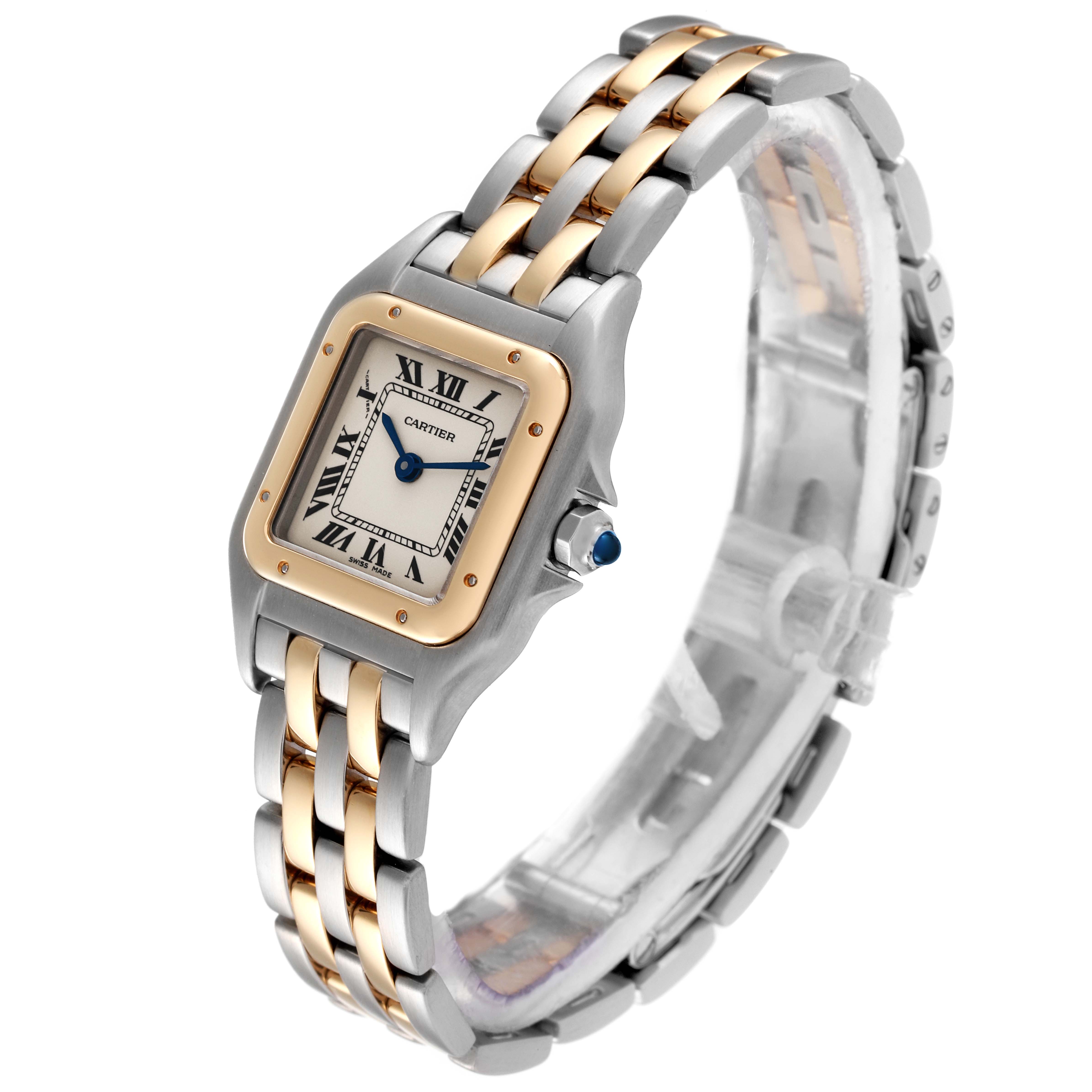 This image shows the front and side view of a Cartier Panthere W25029B6 Women's Steel and Gold (two tone) Silver Dial W25029B6 Women's Steel and Gold (two tone) Silver Dial watch, highlighting its face, bezel, crown, and bracelet.