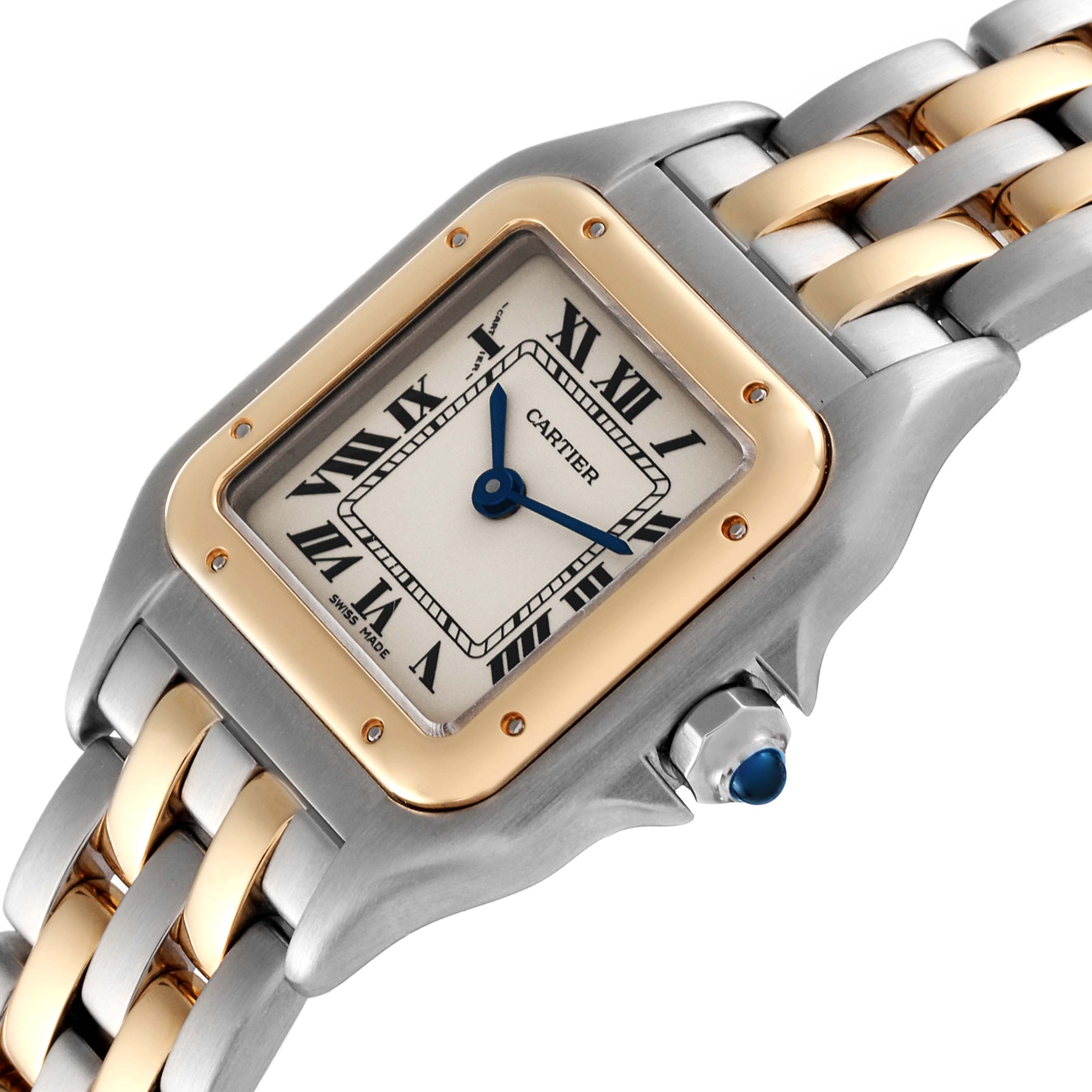 The Cartier Panthère watch is shown at an angled close-up, displaying its face, bezel, and two-tone bracelet.