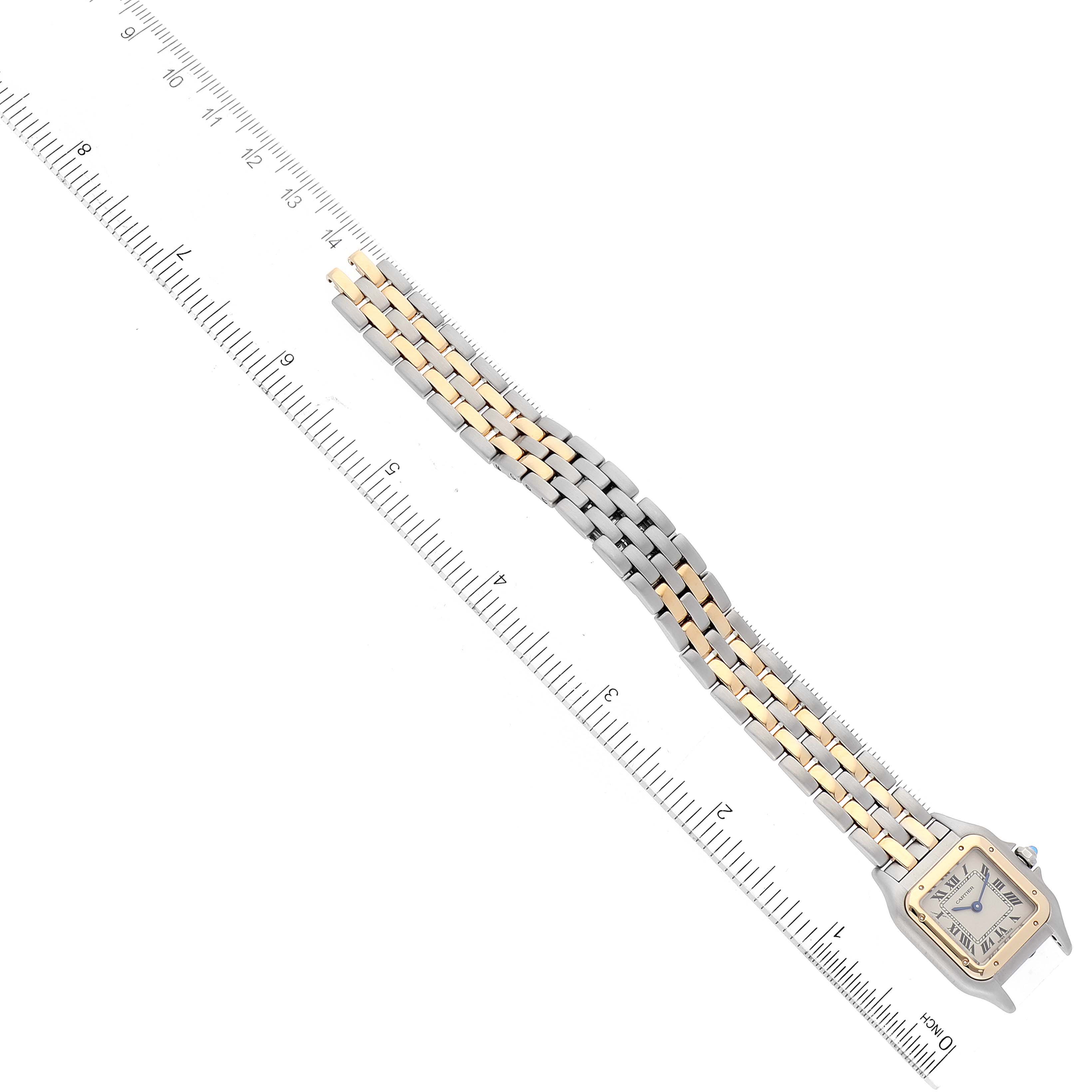 The image shows a Cartier Panthere W25029B6 Women's Steel and Gold (two tone) Silver Dial W25029B6 Women's Steel and Gold (two tone) Silver Dial watch angled diagonally with its case, bracelet, and part of the dial visible.