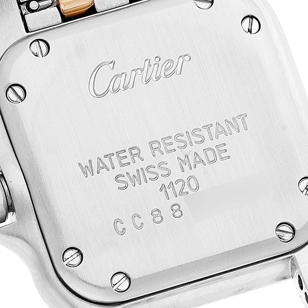 This image shows the back case of a Cartier Panthere W25029B6 Women's Steel and Gold (two tone) Silver Dial W25029B6 Women's Steel and Gold (two tone) Silver Dial watch, highlighting the brand engraving and water-resistant marking.