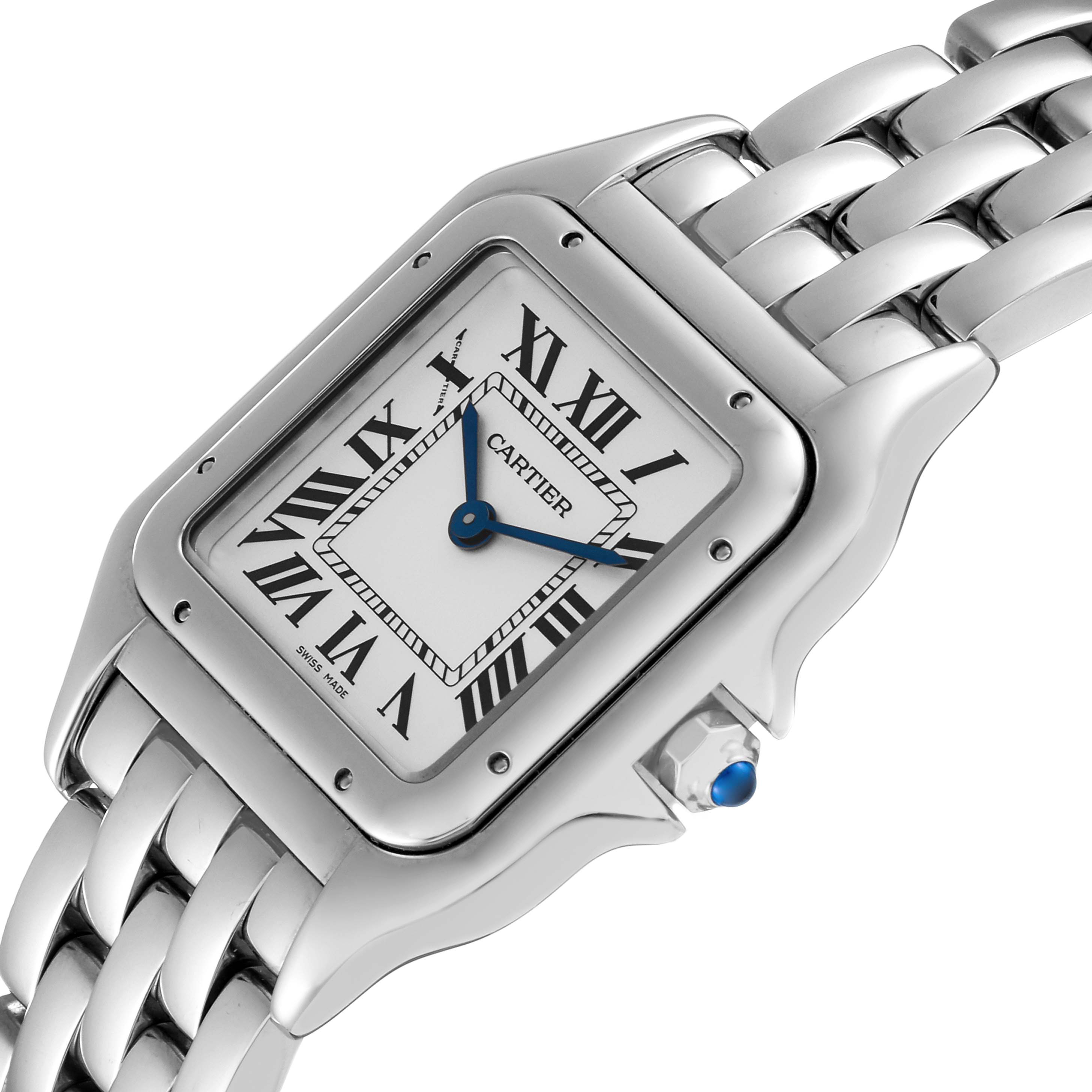 The Cartier Panthere WSPN0007 Women
s Stainless Steel Silver Dial WSPN0007 Women
s Stainless Steel Silver Dial watch is shown at an angled close-up displaying its face, bezel, bracelet, and crown.