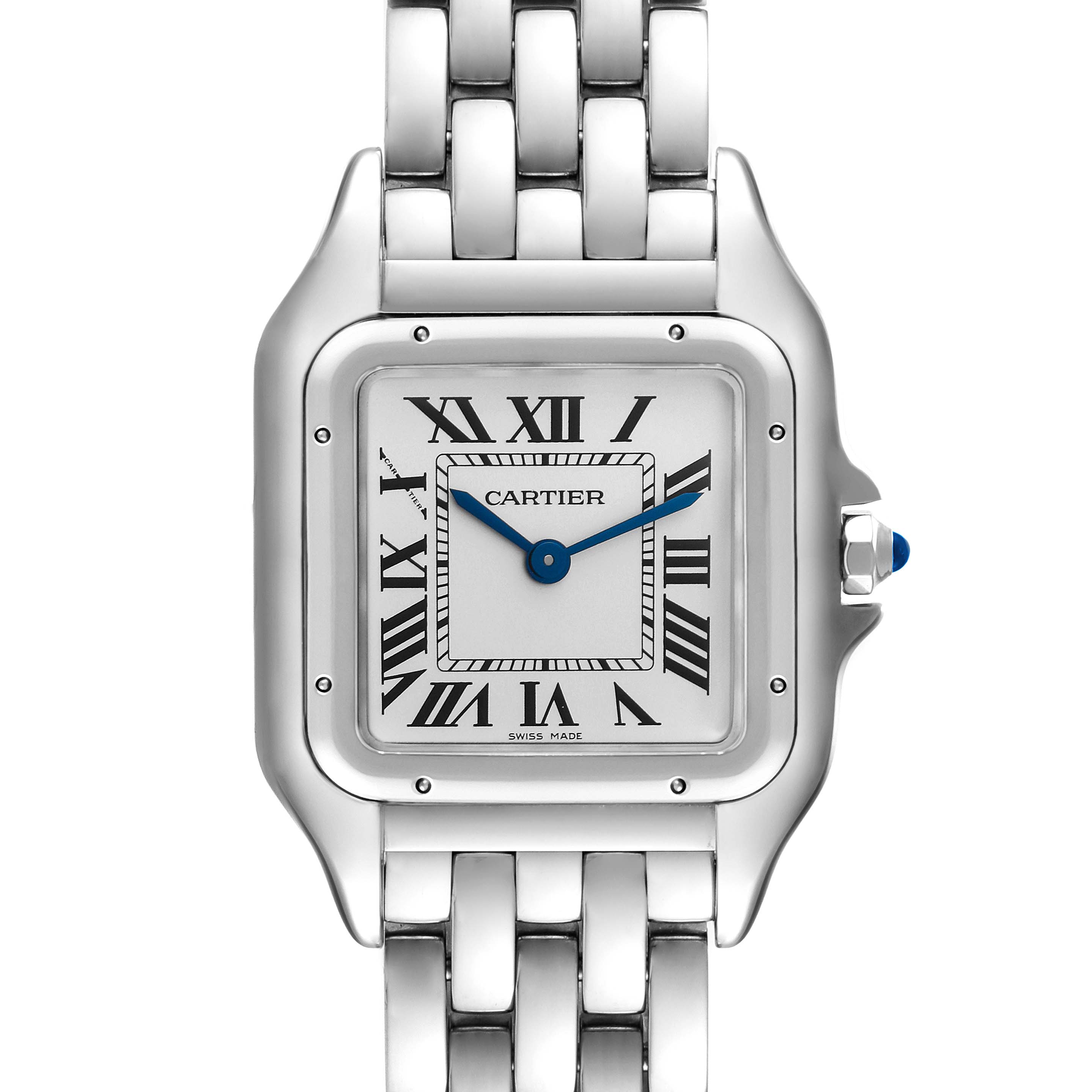 This image shows a front view of the Cartier Panthere WSPN0007 Women
s Stainless Steel Silver Dial WSPN0007 Women
s Stainless Steel Silver Dial watch, featuring its face and part of the metal bracelet.