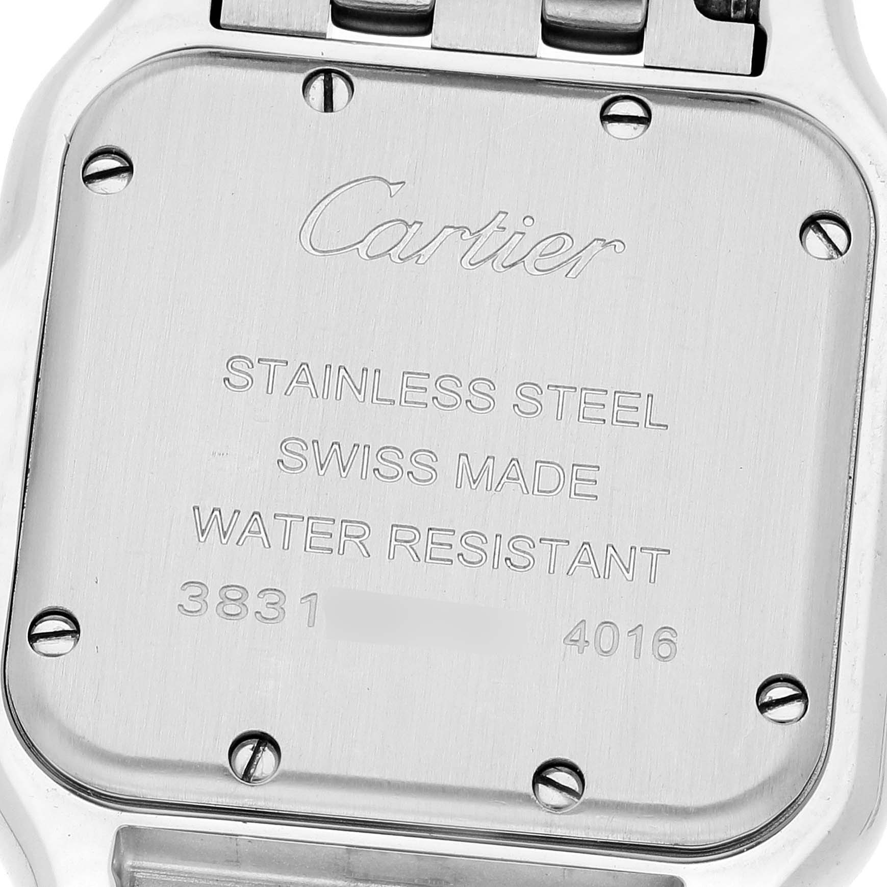 This image shows the stainless steel back case of the Cartier Panthere WSPN0007 Women
s Stainless Steel Silver Dial WSPN0007 Women
s Stainless Steel Silver Dial model watch, with engraved details.