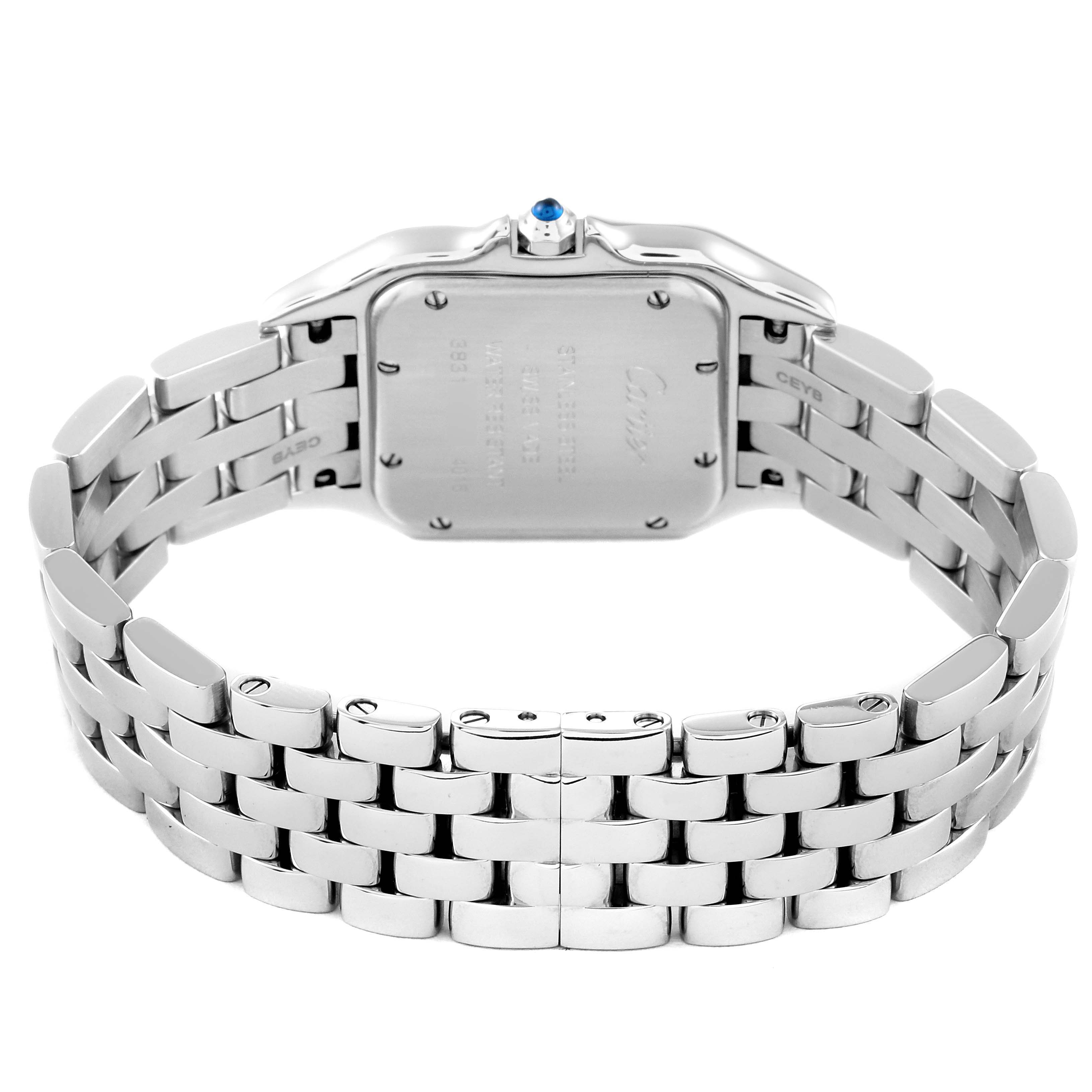 The image shows the back view of the Cartier Panthère watch, highlighting its stainless steel bracelet and case back.