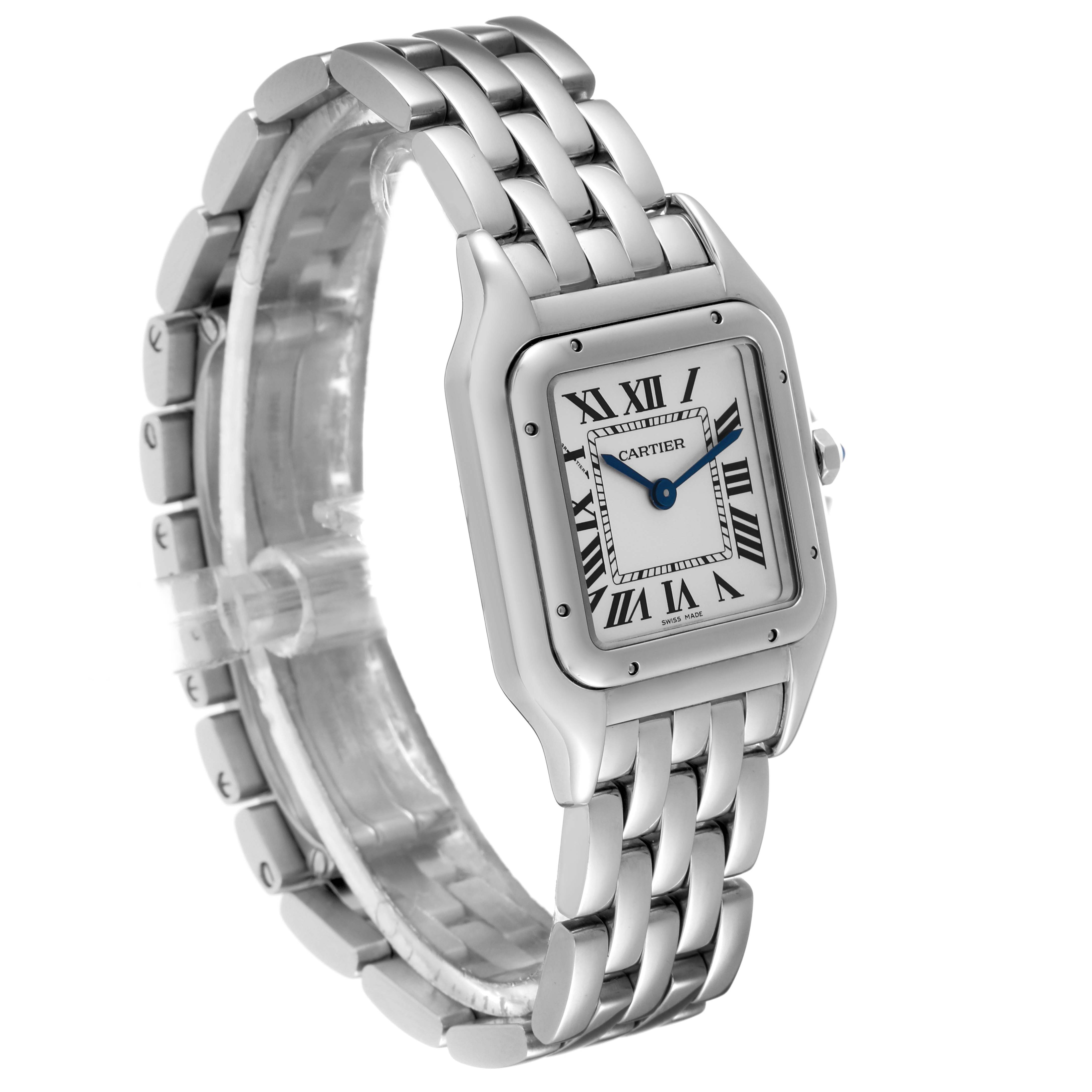 This image shows a side angle of the Cartier Panthere WSPN0007 Women
s Stainless Steel Silver Dial WSPN0007 Women
s Stainless Steel Silver Dial watch, highlighting its face, bracelet, and crown.