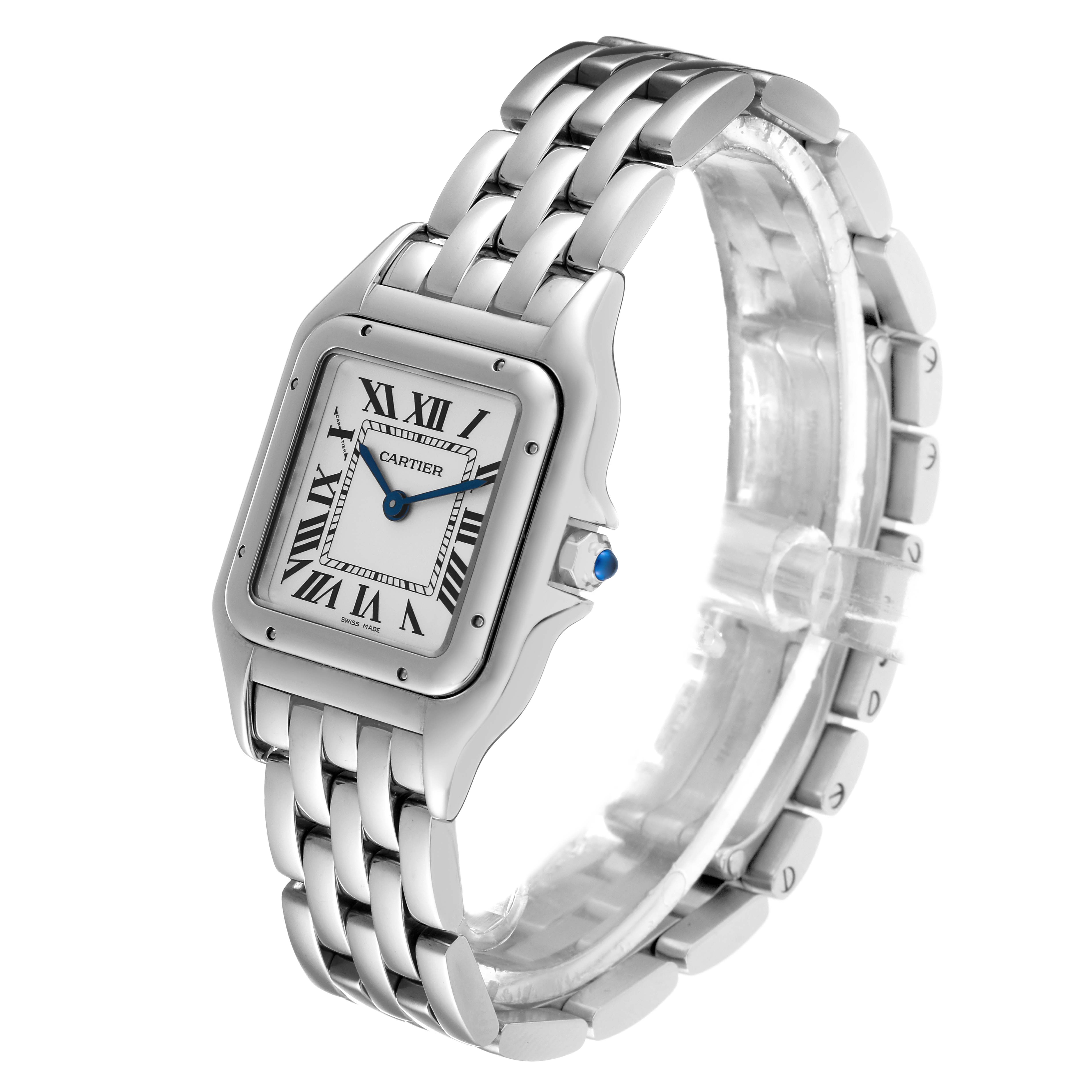 The image shows a side angle view of the Panthere model by Cartier, displaying the watch face, case, and metal bracelet.