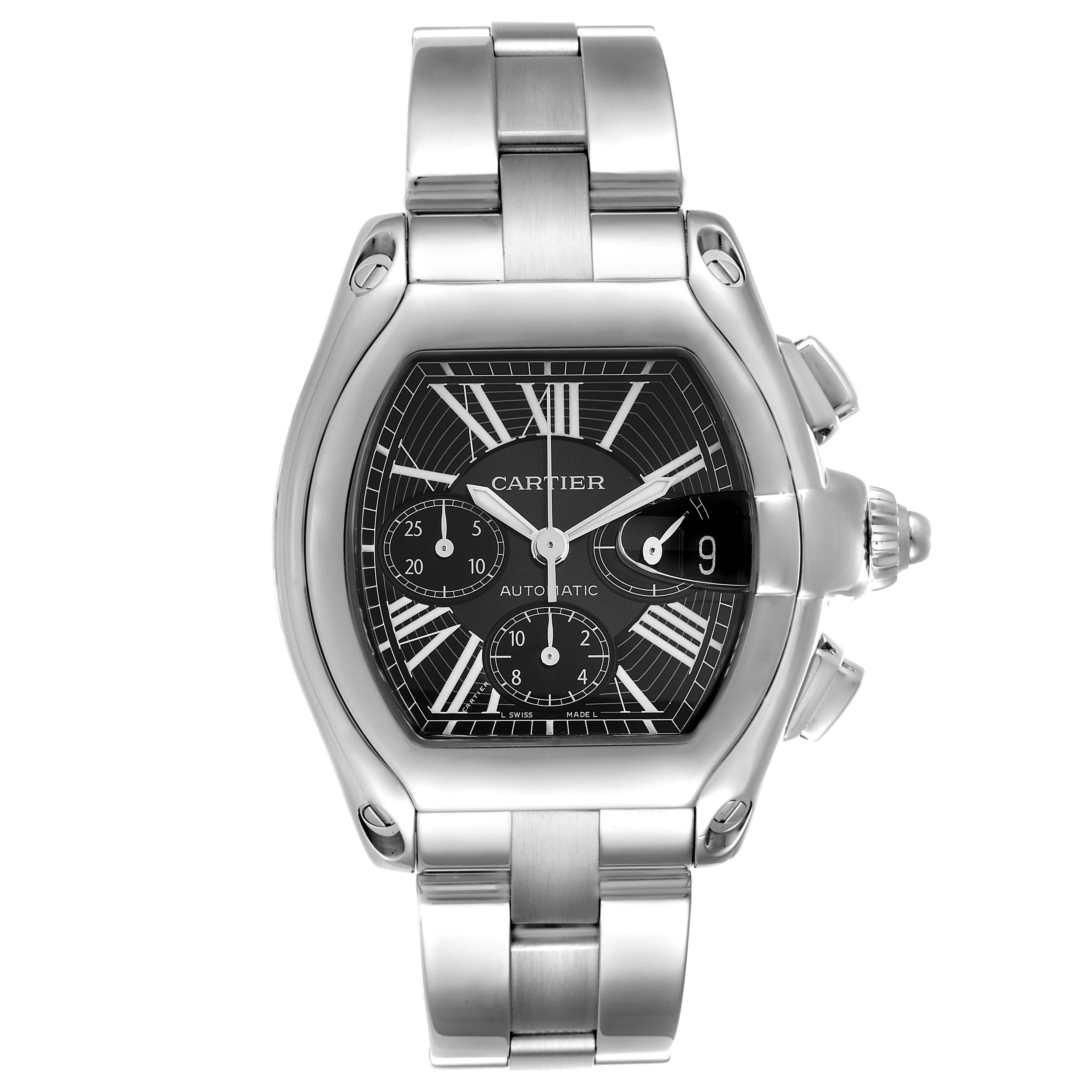 The Cartier Roadster W62020X6 Men's Stainless Steel Black Dial W62020X6 Men's Stainless Steel Black Dial watch is shown from the front, displaying its dial, case, and stainless steel bracelet.