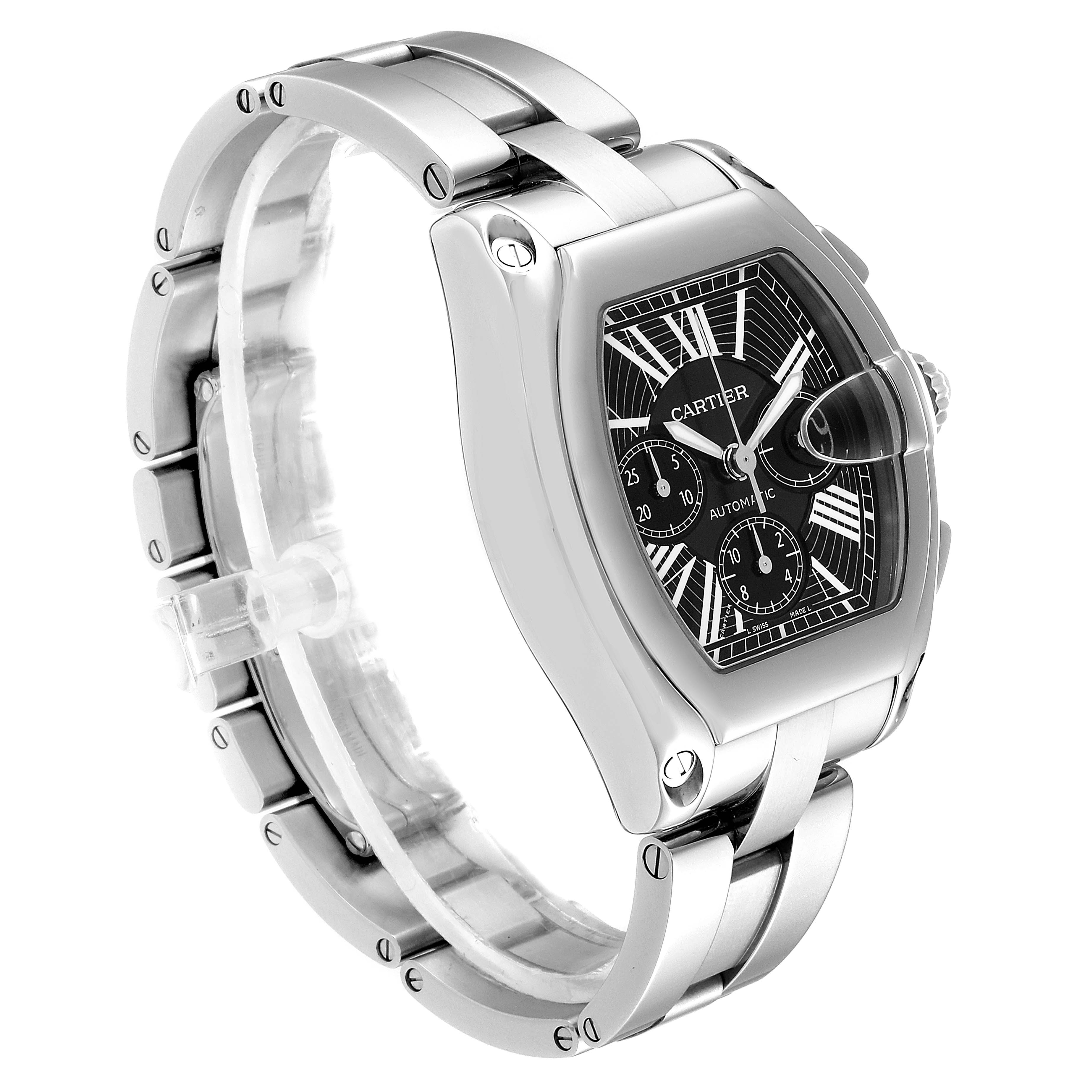 This image shows a Cartier Roadster W62020X6 Men's Stainless Steel Black Dial W62020X6 Men's Stainless Steel Black Dial watch from an angled side view, displaying the watch face, crown, and metal bracelet.