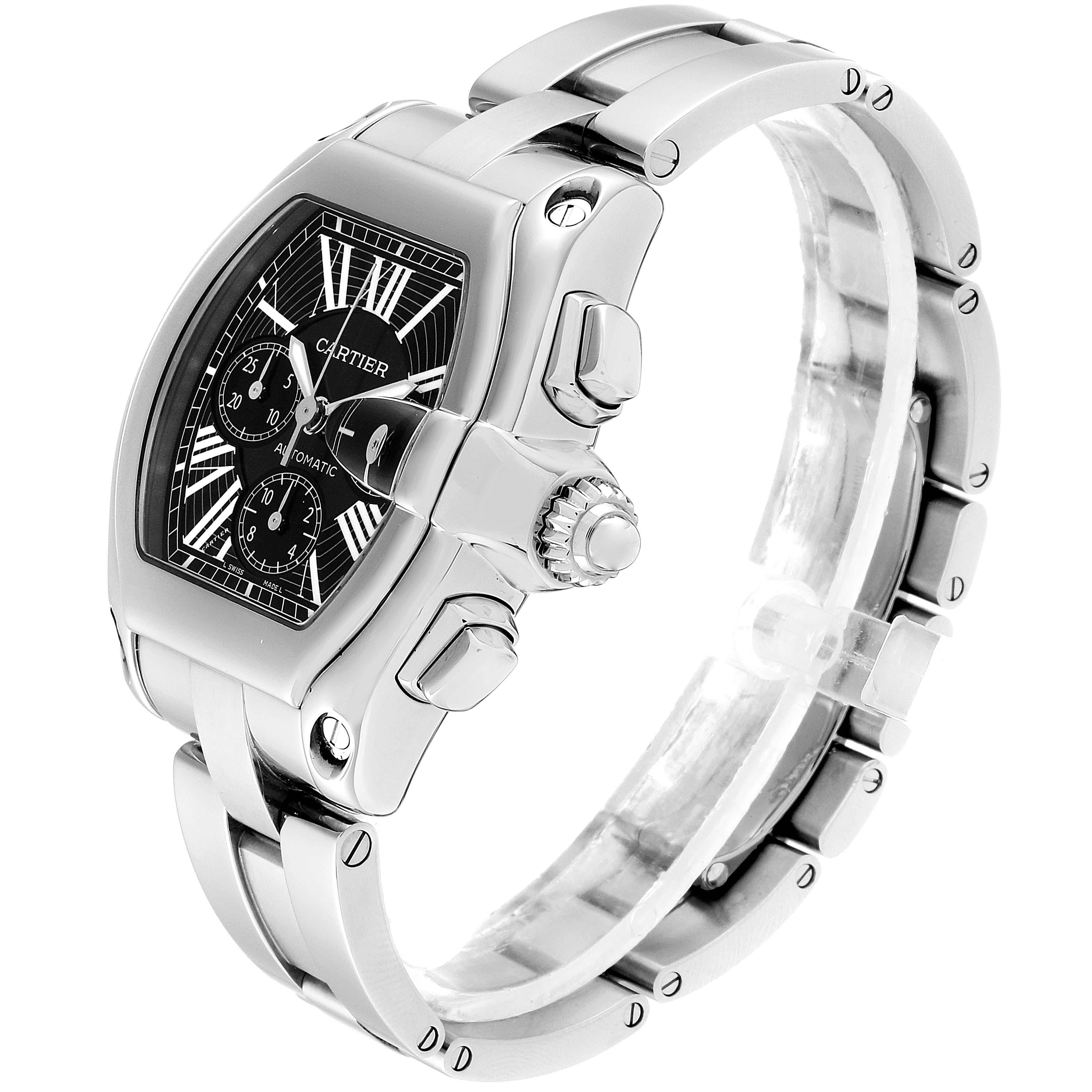 The image shows the Cartier Roadster W62020X6 Men's Stainless Steel Black Dial W62020X6 Men's Stainless Steel Black Dial watch at a three-quarter angle highlighting its dial, crown, and bracelet.
