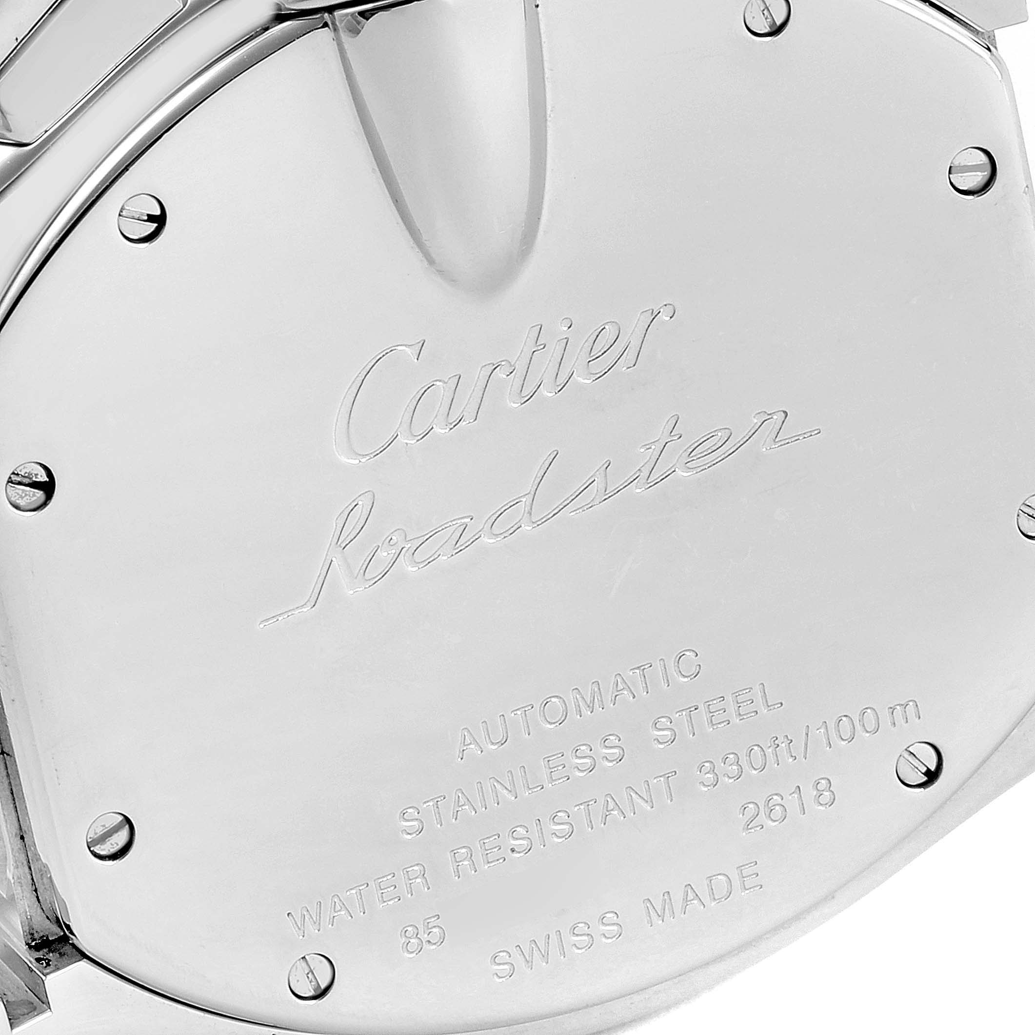 This image shows the back case of the Cartier Roadster W62020X6 Men's Stainless Steel Black Dial W62020X6 Men's Stainless Steel Black Dial watch, displaying its engraved details.