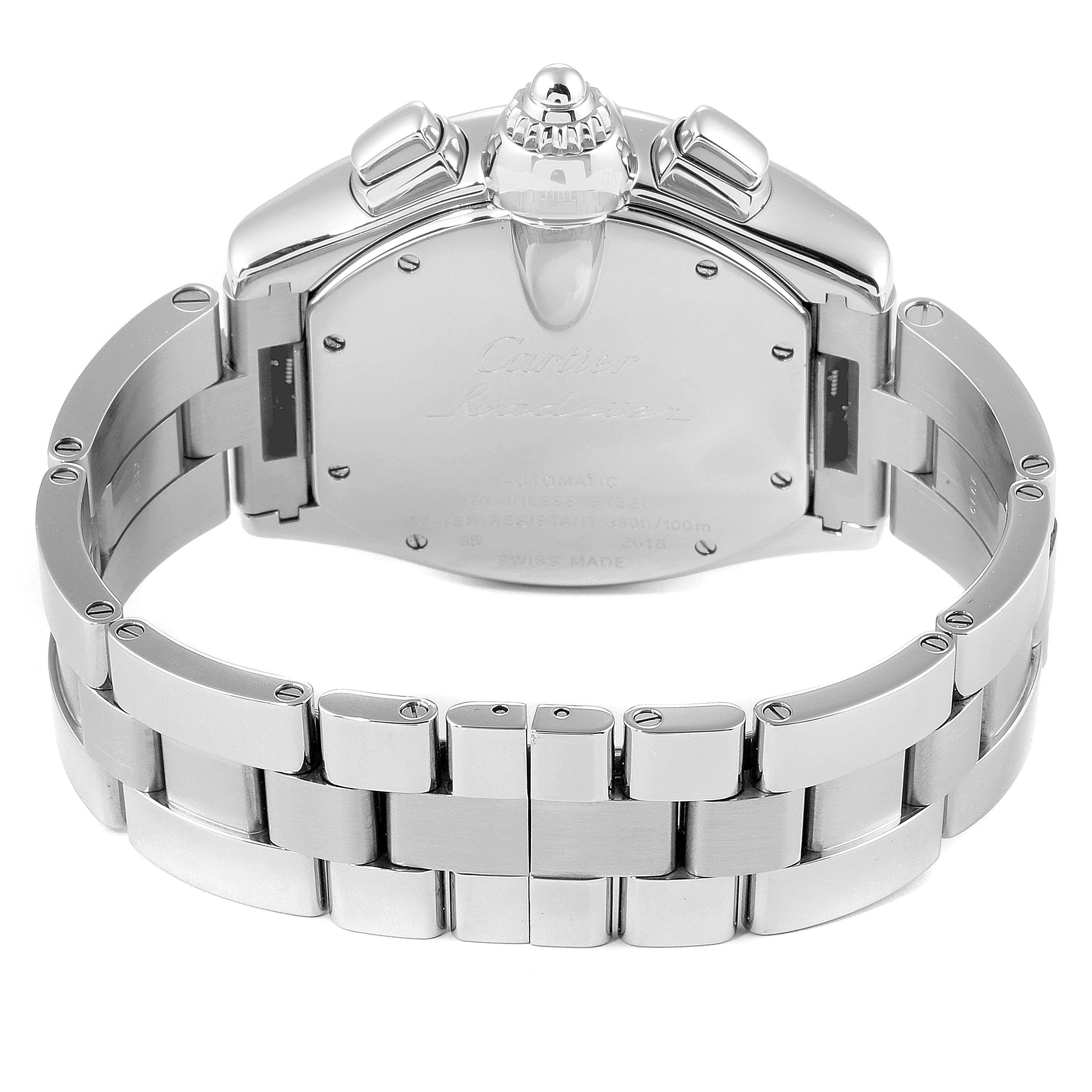 This image shows the back casing and bracelet of the Cartier Roadster W62020X6 Men's Stainless Steel Black Dial W62020X6 Men's Stainless Steel Black Dial watch from a rear angle.