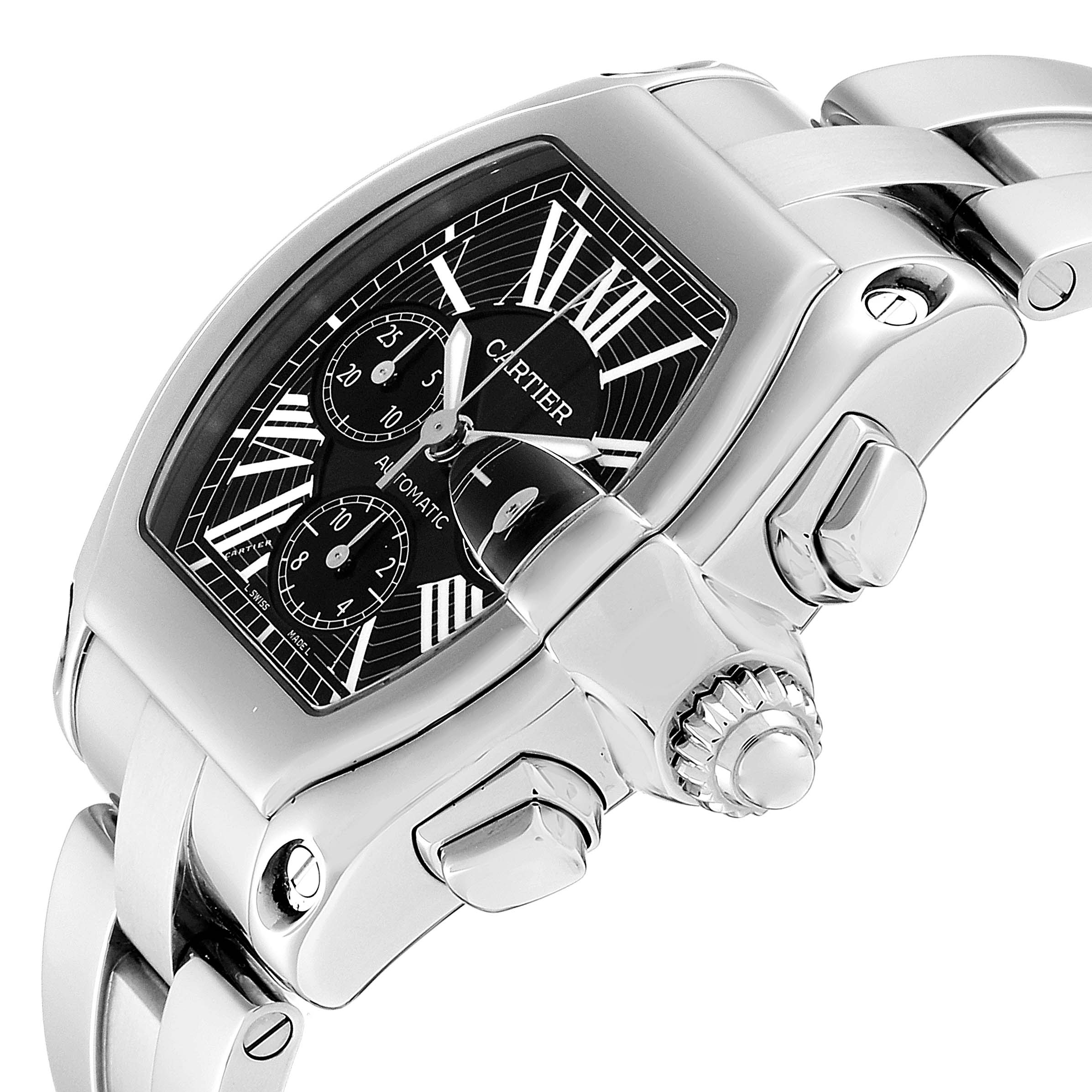The image shows the Cartier Roadster W62020X6 Men's Stainless Steel Black Dial W62020X6 Men's Stainless Steel Black Dial watch at an angled close-up, highlighting the face, crown, and part of the bracelet.