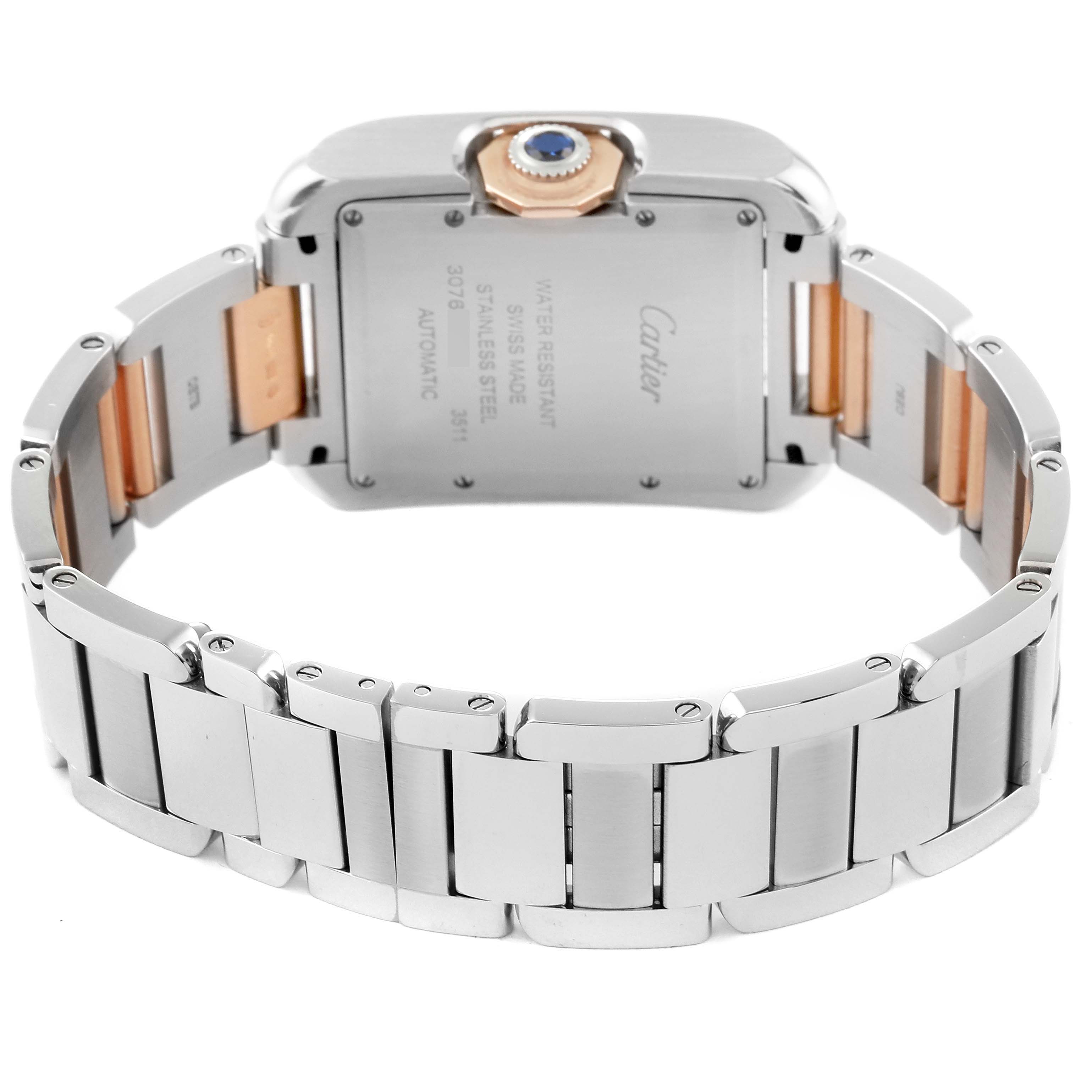 The image shows the back view of the Cartier Tank Anglaise WT100025 Women's Steel and Gold (two tone) Silver Dial WT100025 Women's Steel and Gold (two tone) Silver Dial watch, displaying the stainless steel and gold bracelet and caseback.