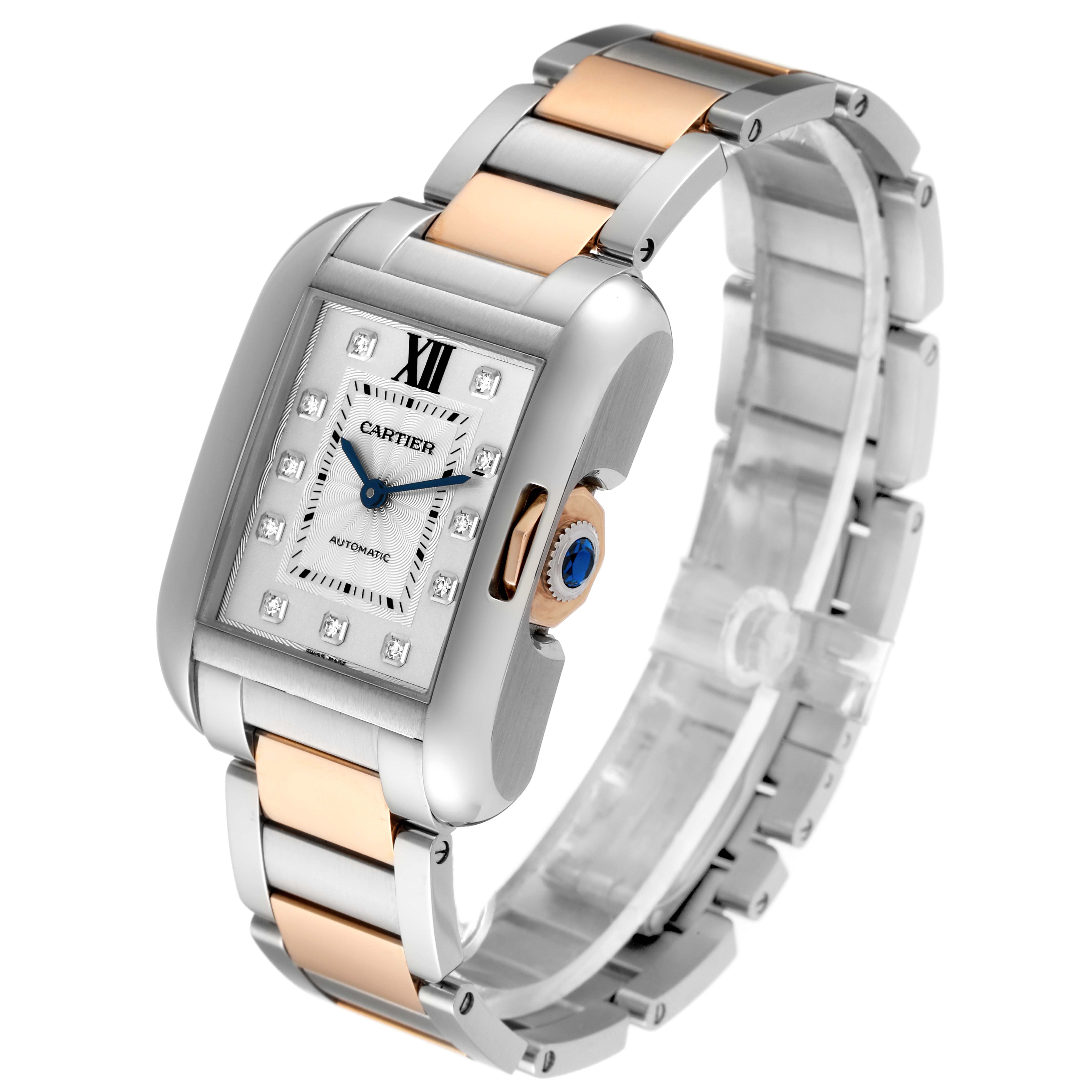 The image shows a Cartier Tank Anglaise WT100025 Women's Steel and Gold (two tone) Silver Dial WT100025 Women's Steel and Gold (two tone) Silver Dial watch angled to display the face, crown, and a portion of the band.