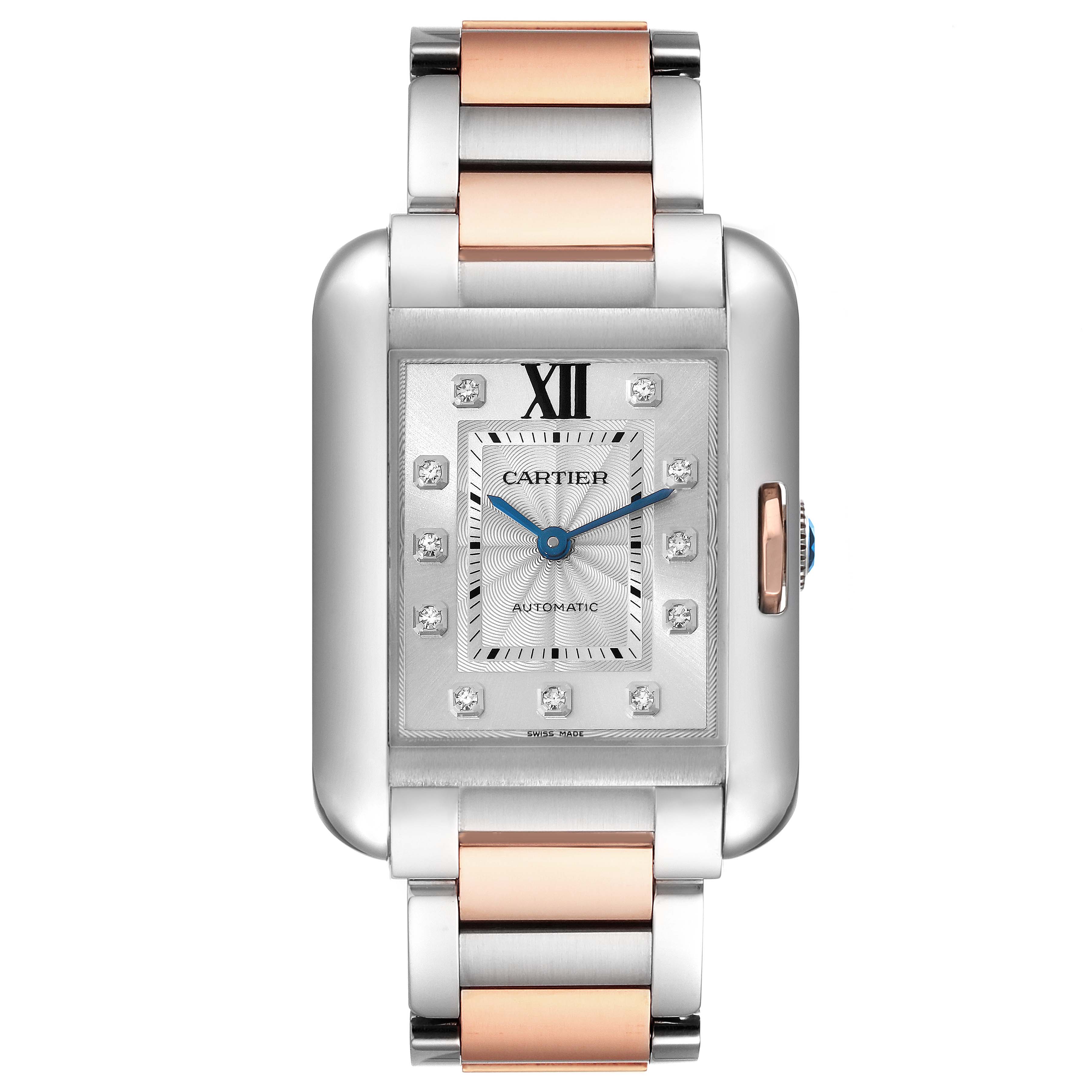 The image shows a front view of the Cartier Tank Anglaise WT100025 Women's Steel and Gold (two tone) Silver Dial WT100025 Women's Steel and Gold (two tone) Silver Dial watch with a two-tone metal bracelet and a rectangular dial.