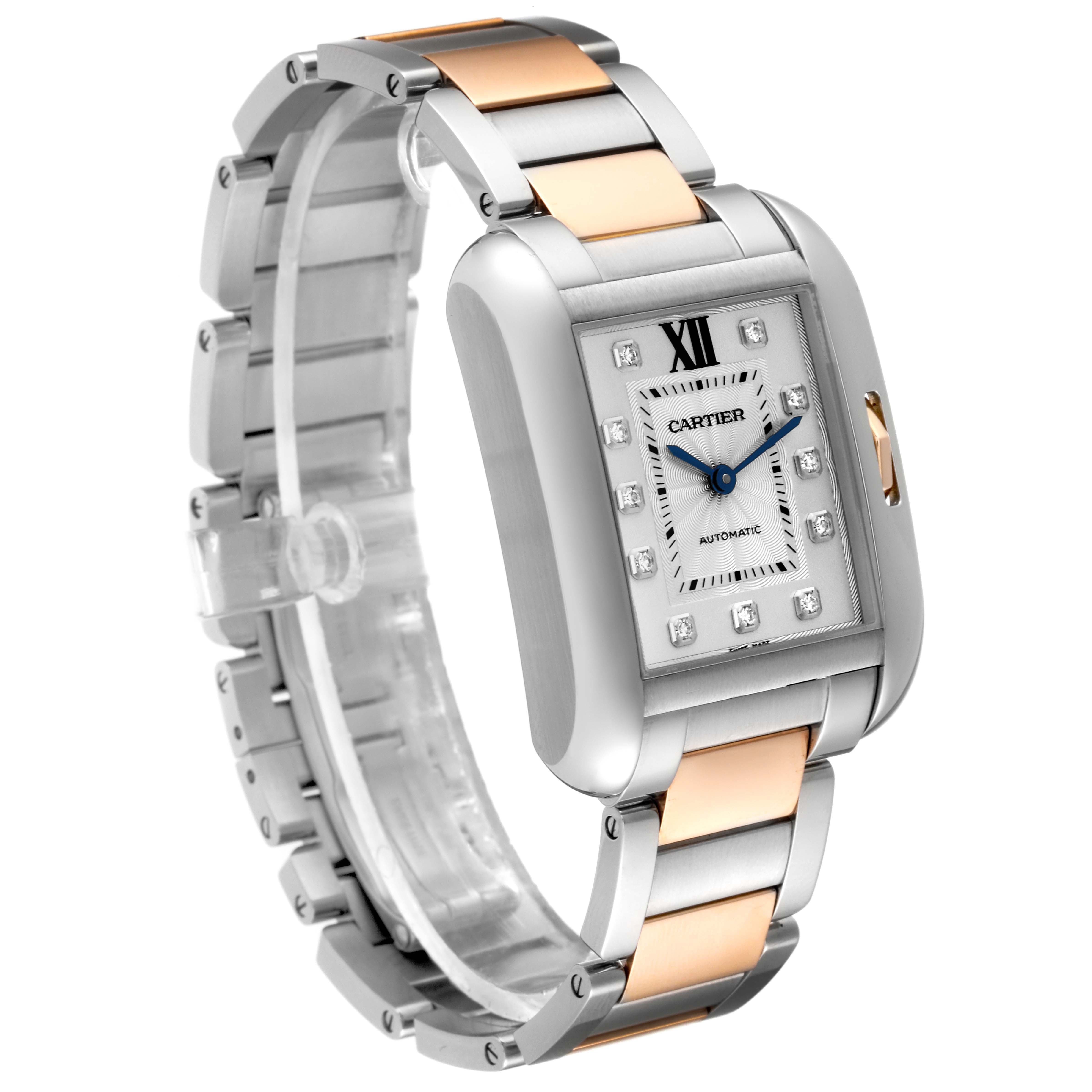 This image shows a Cartier Tank Anglaise WT100025 Women's Steel and Gold (two tone) Silver Dial WT100025 Women's Steel and Gold (two tone) Silver Dial watch at a three-quarter angle, highlighting its two-tone metal bracelet and rectangular dial.