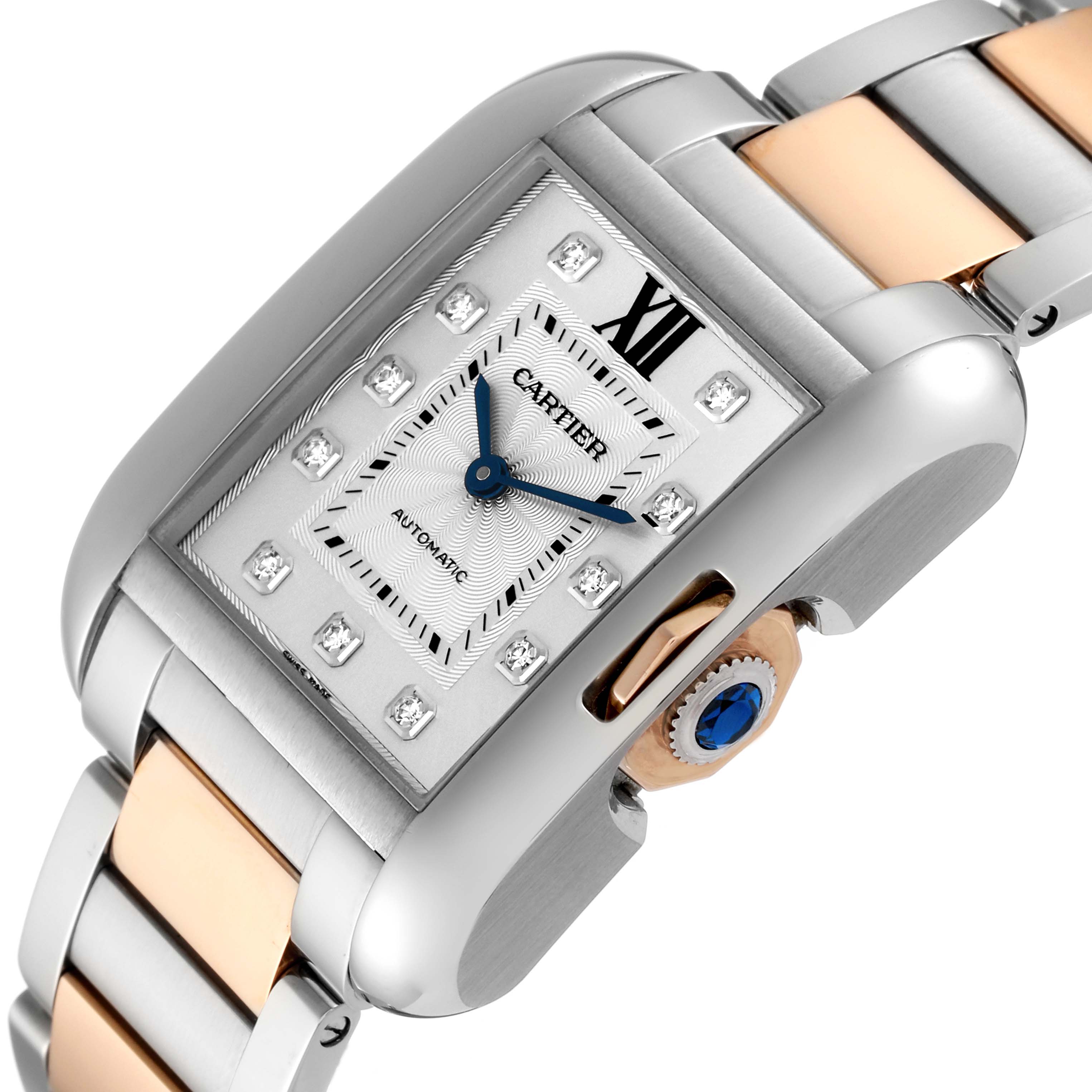 The image shows a close-up angled view of the Cartier Tank Anglaise WT100025 Women's Steel and Gold (two tone) Silver Dial WT100025 Women's Steel and Gold (two tone) Silver Dial watch featuring its face, crown, and part of the bracelet.