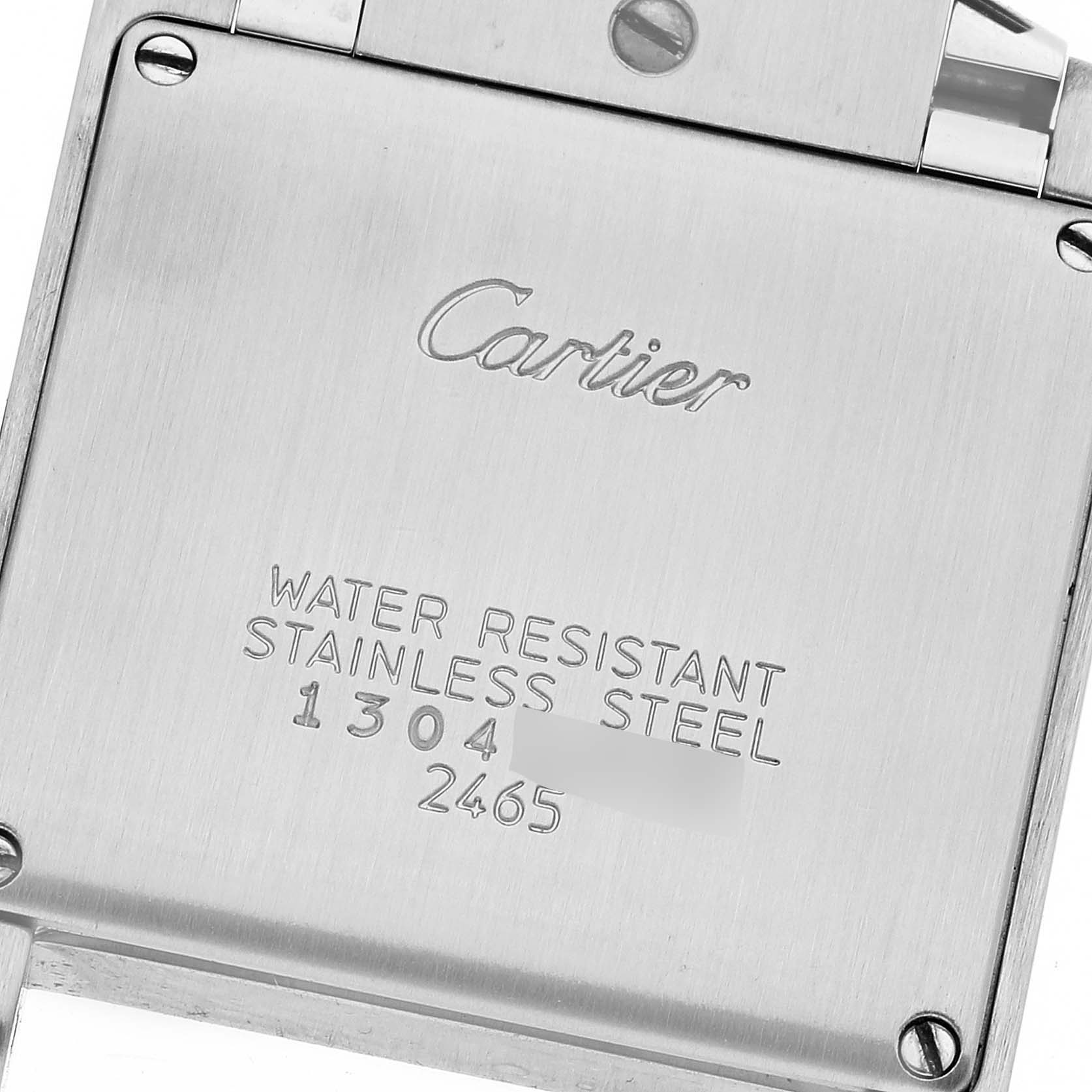 This image shows the back case of a Cartier Tank Francaise W51011Q3 Women's Stainless Steel Silver Dial W51011Q3 Women's Stainless Steel Silver Dial watch, highlighting the brand name and specifications.