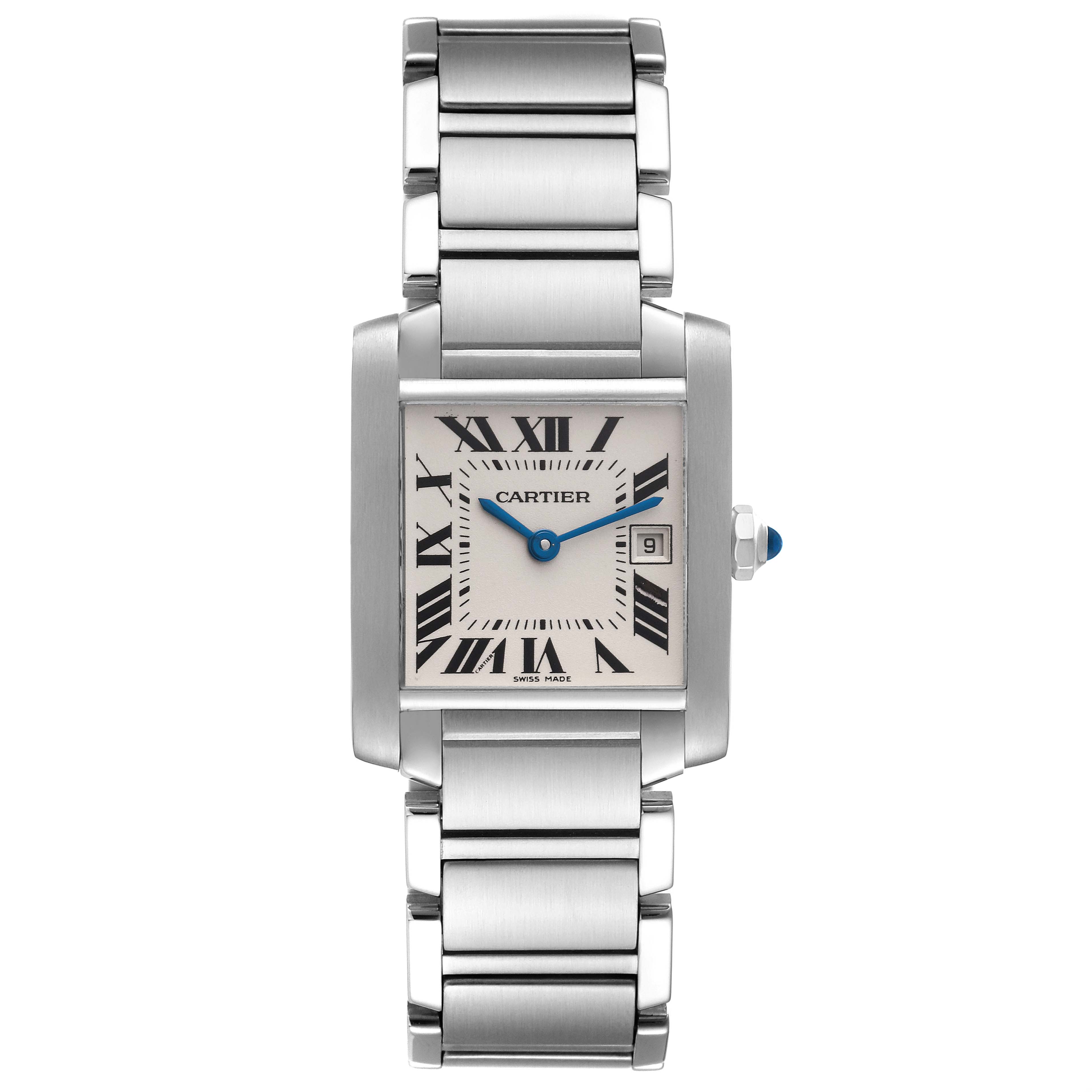 This image shows a front view of a Cartier Tank Francaise W51011Q3 Women's Stainless Steel Silver Dial W51011Q3 Women's Stainless Steel Silver Dial watch with a stainless steel band and Roman numeral dial.