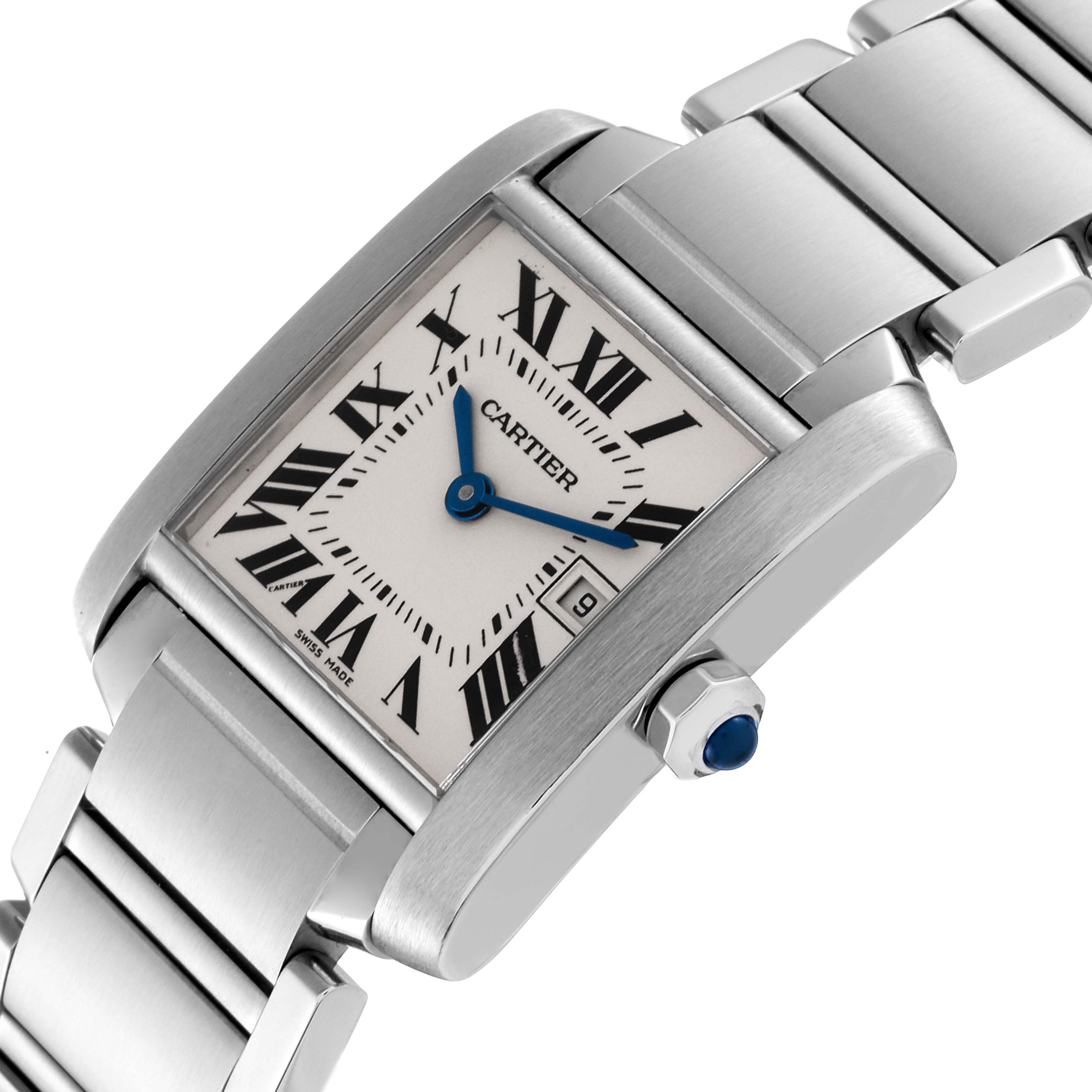 The image shows a close-up angle of the Cartier Tank Francaise W51011Q3 Women's Stainless Steel Silver Dial W51011Q3 Women's Stainless Steel Silver Dial, highlighting the case, dial, bracelet, and crown.