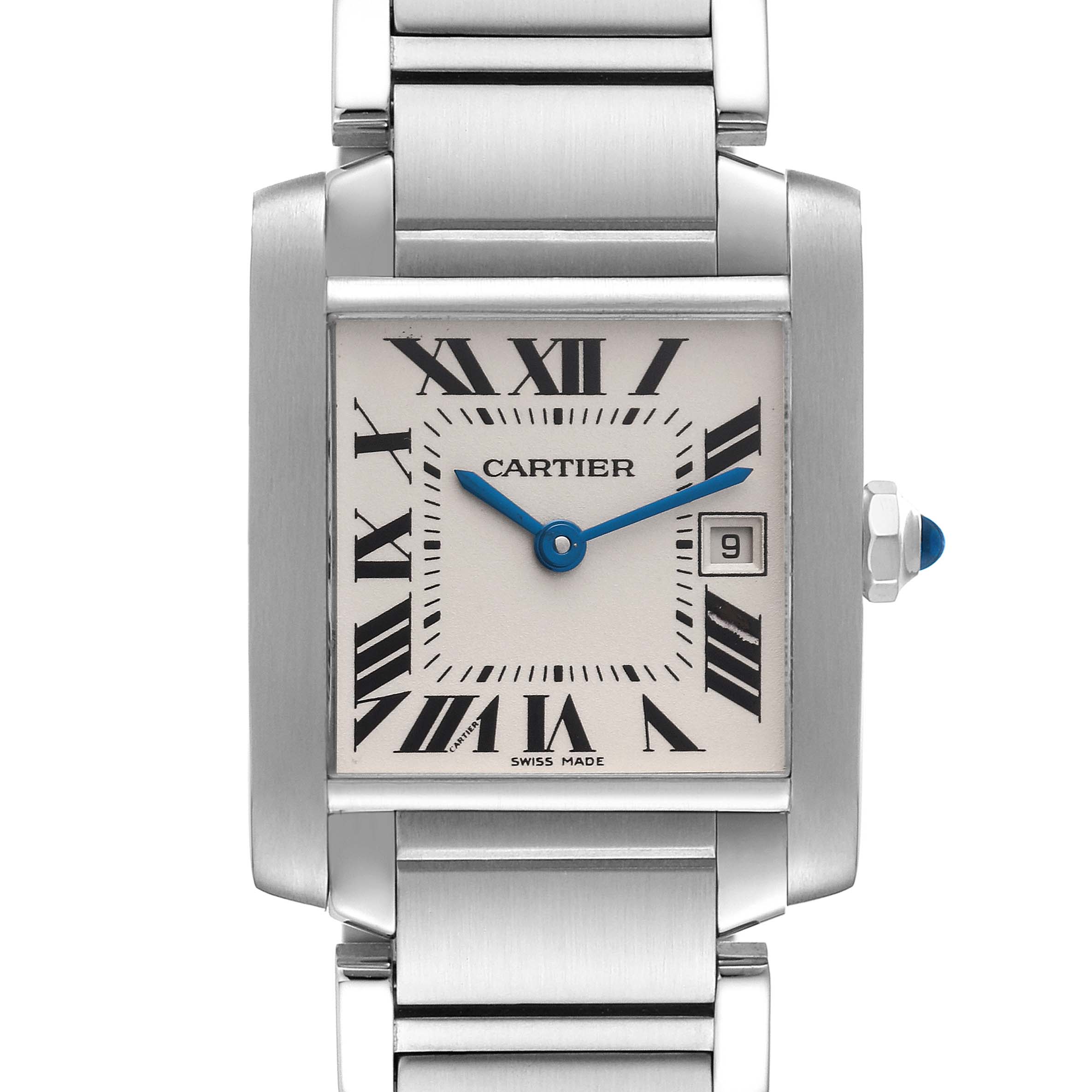 The Cartier Tank Francaise W51011Q3 Women's Stainless Steel Silver Dial W51011Q3 Women's Stainless Steel Silver Dial watch is shown from a front angle, displaying the face, Roman numerals, date window, and metal bracelet.