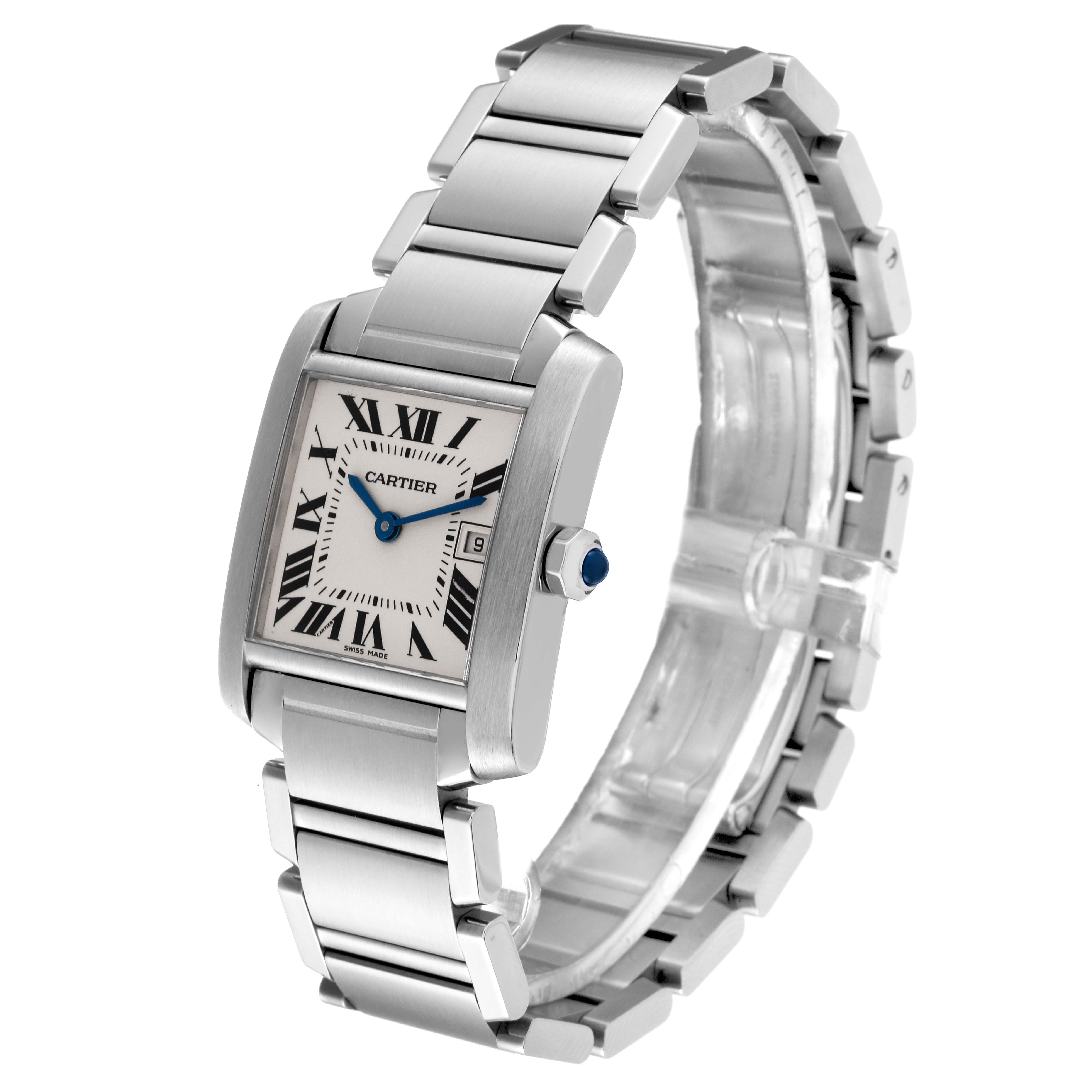 The Cartier Tank Francaise W51011Q3 Women's Stainless Steel Silver Dial W51011Q3 Women's Stainless Steel Silver Dial watch is shown at a three-quarter angle, displaying its rectangular dial, bracelet, and crown.