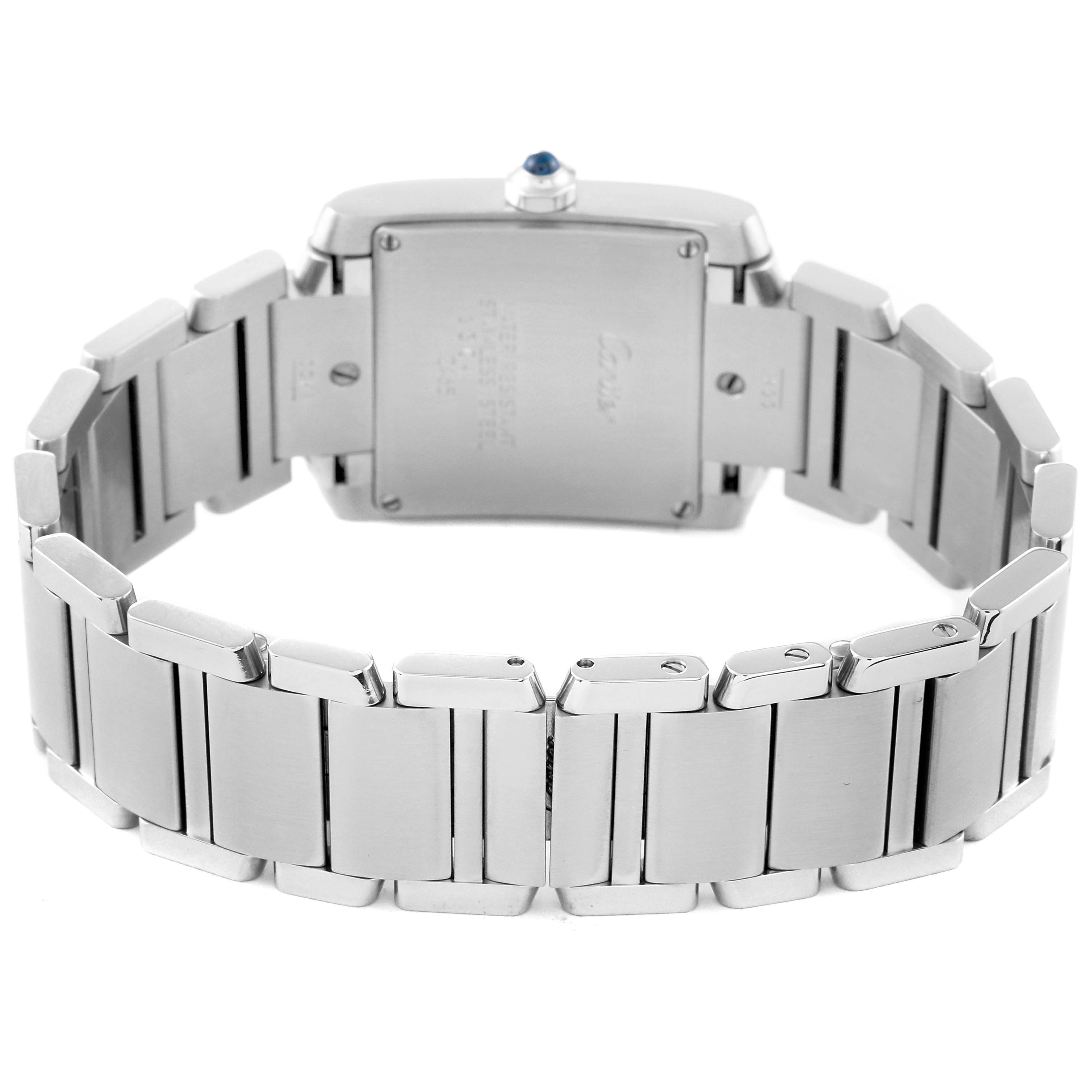 The image shows the back and bracelet of a Cartier Tank Francaise W51011Q3 Women's Stainless Steel Silver Dial W51011Q3 Women's Stainless Steel Silver Dial watch from a rear angle.