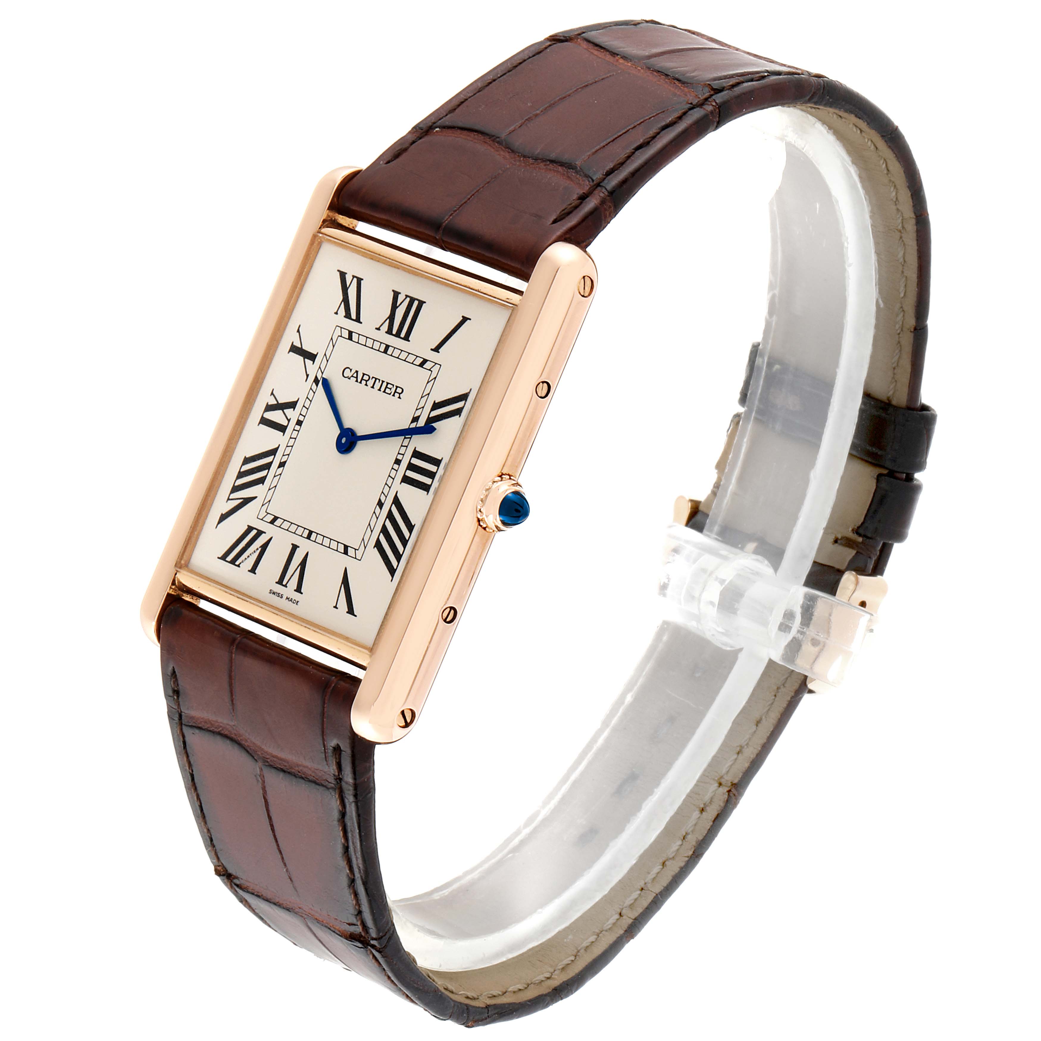 This Cartier Tank Louis W1560017 Men's Rose Gold Silver Dial W1560017 Men's Rose Gold Silver Dial watch is shown at an angle revealing its rectangular face and brown leather strap.