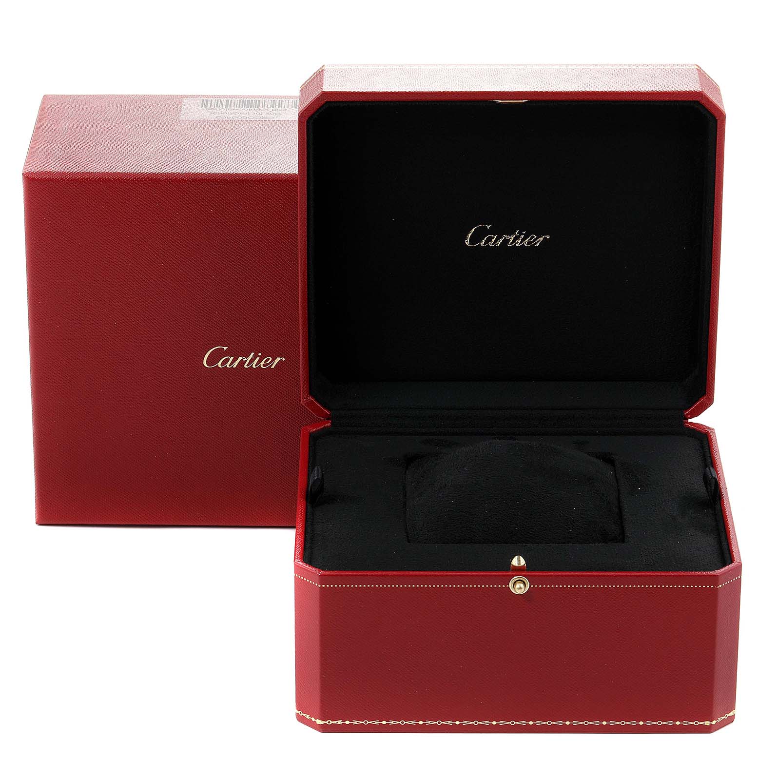 This image shows the red Cartier box and packaging for the Tank Louis watch model.