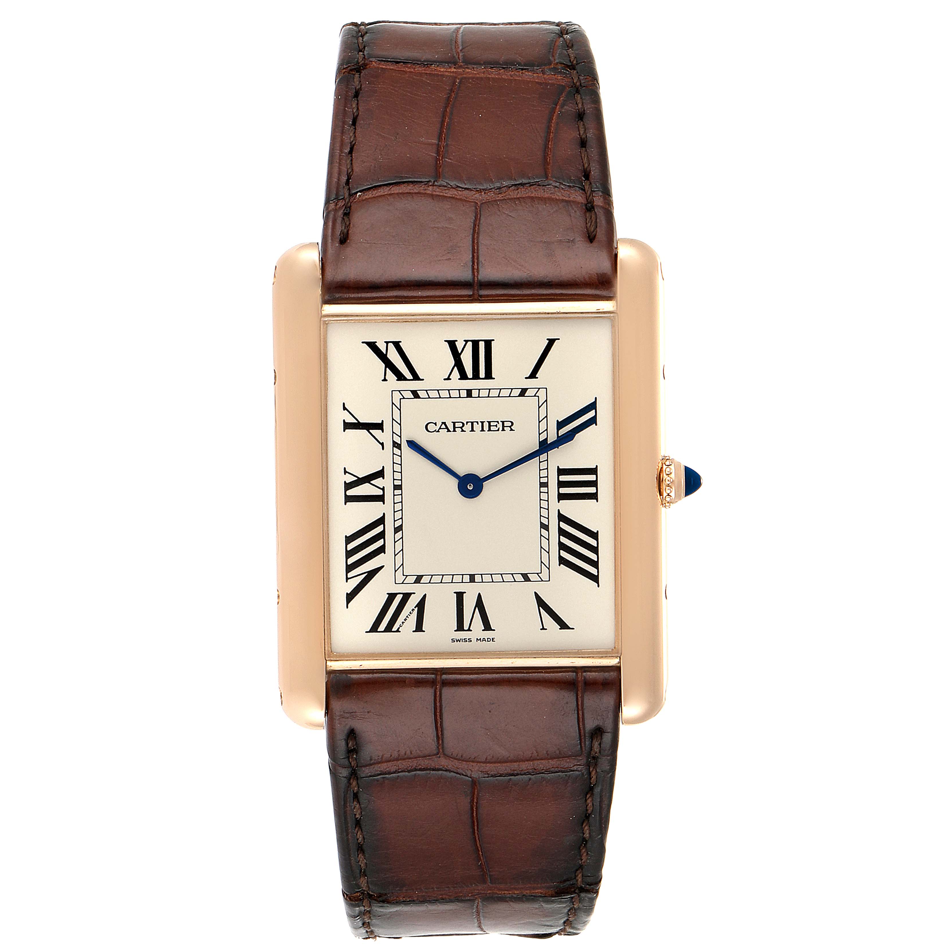 The image shows a front view of the Cartier Tank Louis W1560017 Men's Rose Gold Silver Dial W1560017 Men's Rose Gold Silver Dial watch, highlighting the face and brown leather strap.