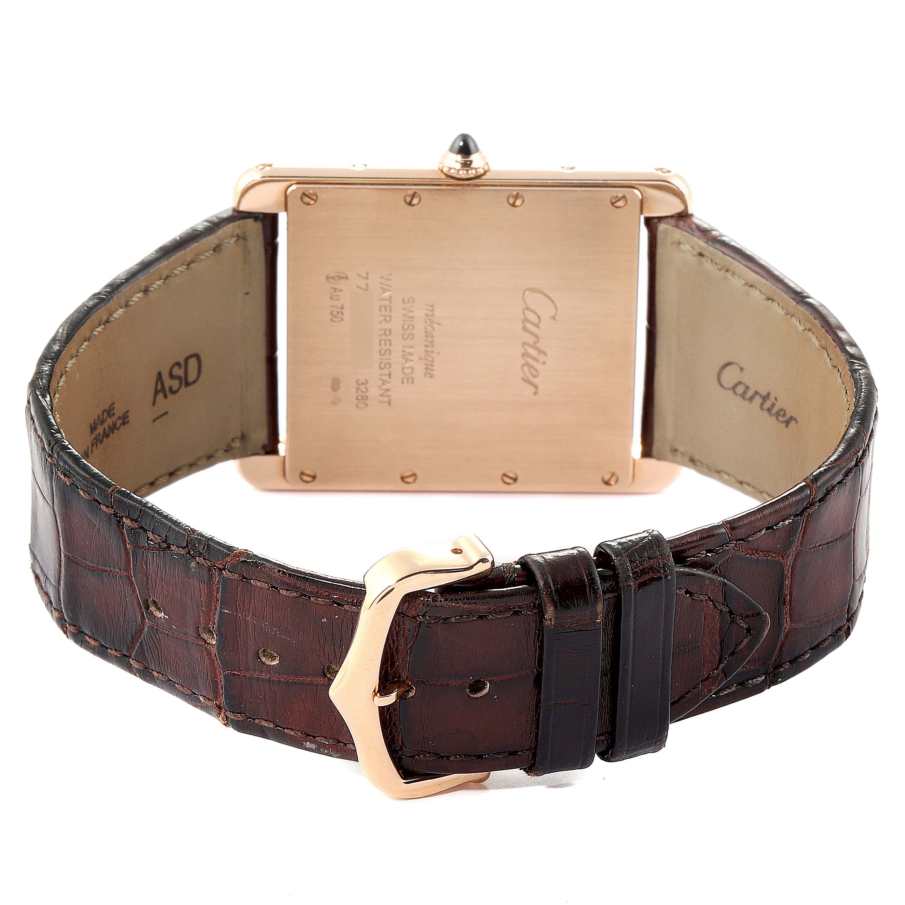 The image shows the back and strap of a Cartier Tank Louis W1560017 Men's Rose Gold Silver Dial W1560017 Men's Rose Gold Silver Dial watch, emphasizing its buckle, case back, and leather strap.