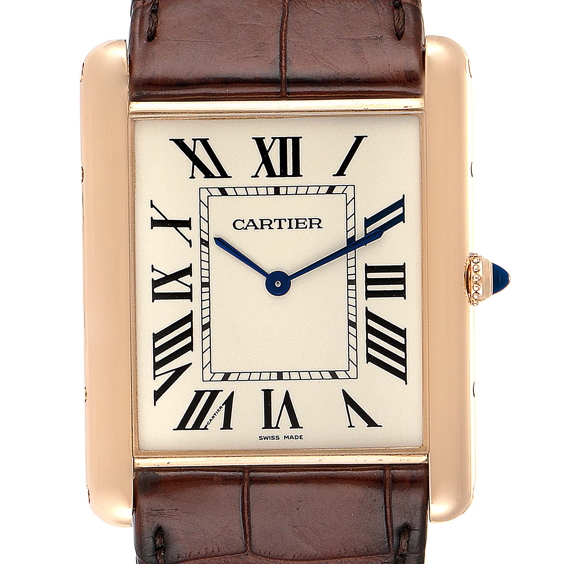 This image shows a frontal view of the Cartier Tank Louis W1560017 Men's Rose Gold Silver Dial W1560017 Men's Rose Gold Silver Dial watch, highlighting the dial, Roman numerals, and part of the leather strap.