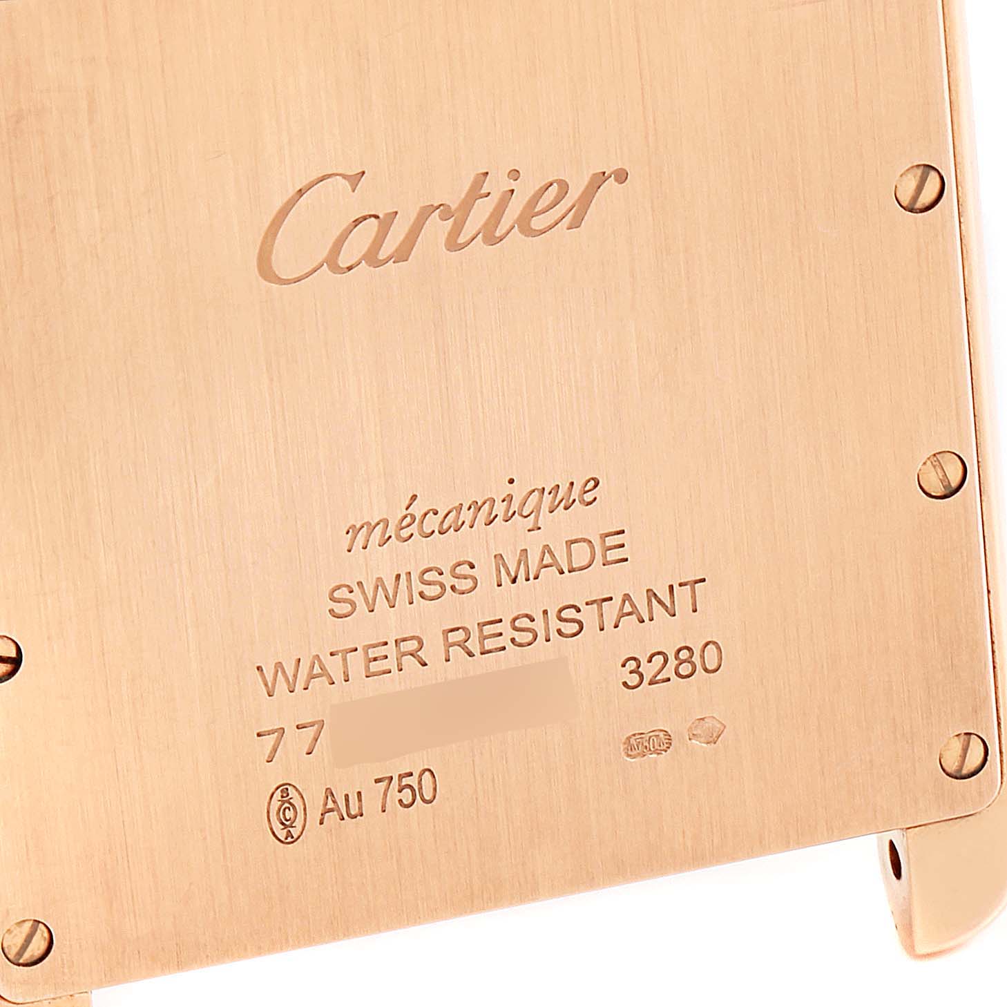 The image shows the back case of a Cartier Tank Louis W1560017 Men's Rose Gold Silver Dial W1560017 Men's Rose Gold Silver Dial watch, displaying engravings for the model, material, and specifications.