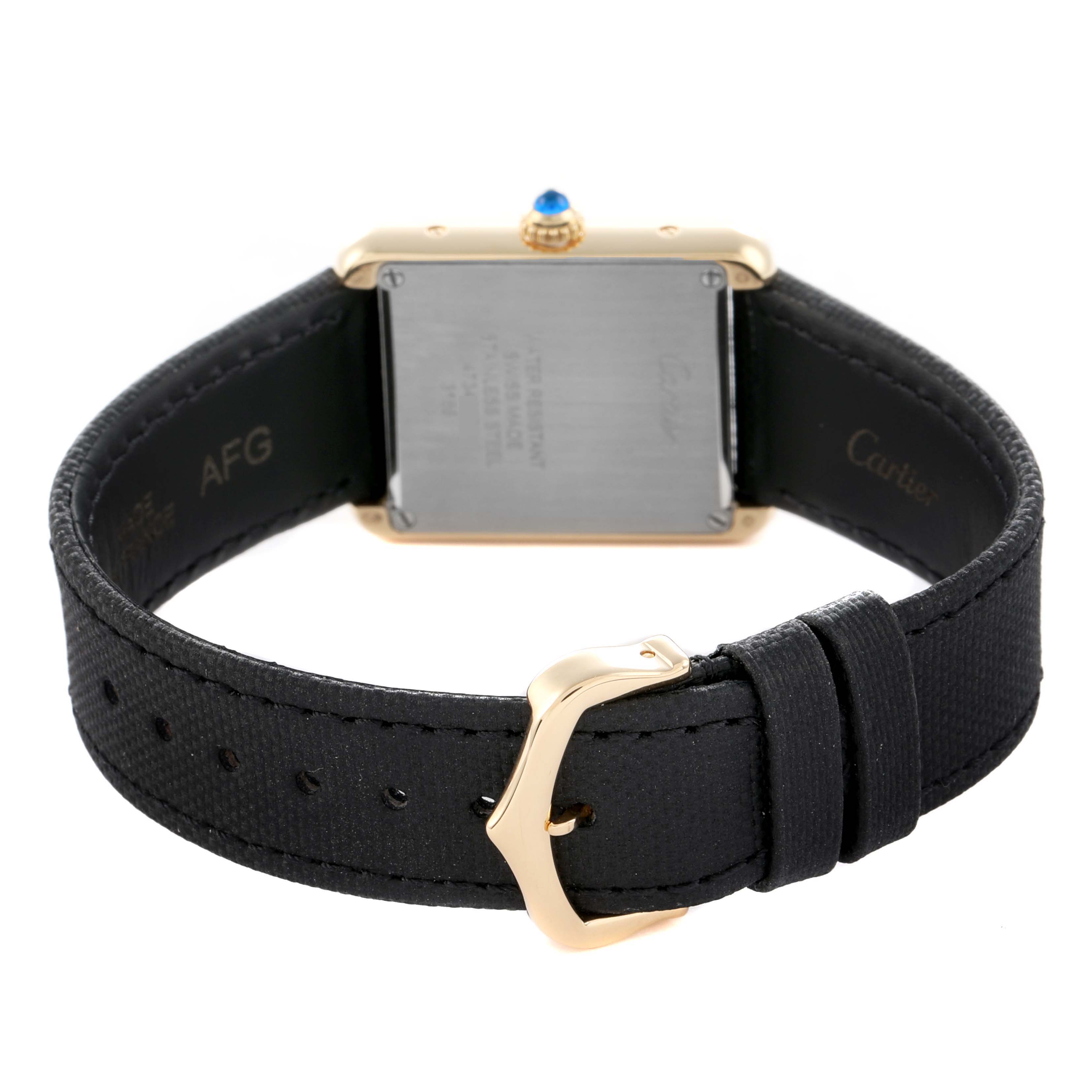 The image shows the back view of a Cartier Tank Solo W5200002 Women
s Steel and Gold (two tone) Silver Dial watch, highlighting the case back, strap, and buckle.