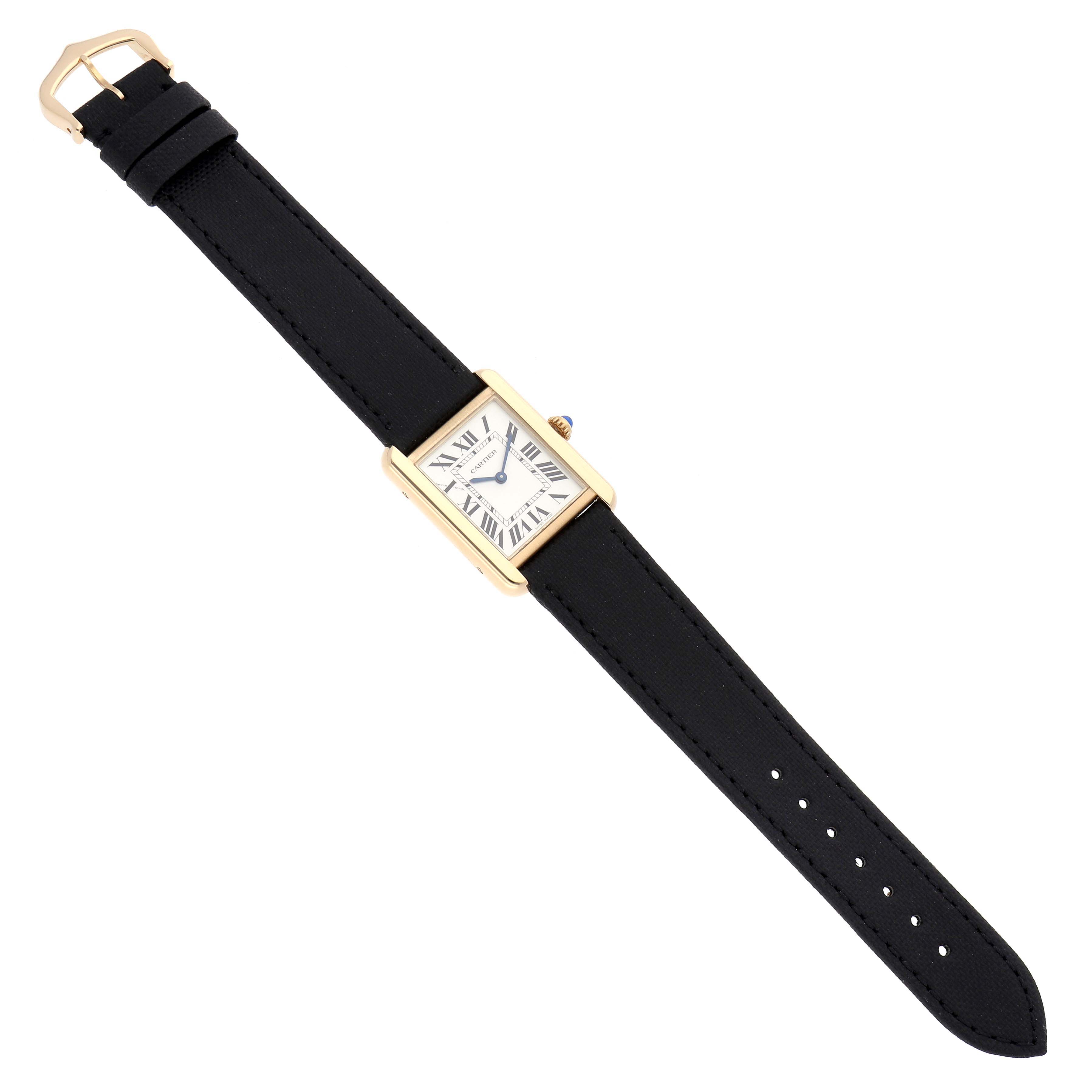 The Cartier Tank Solo W5200002 Women
s Steel and Gold (two tone) Silver Dial watch is shown from a top-down angle, highlighting the face, case, and black strap.