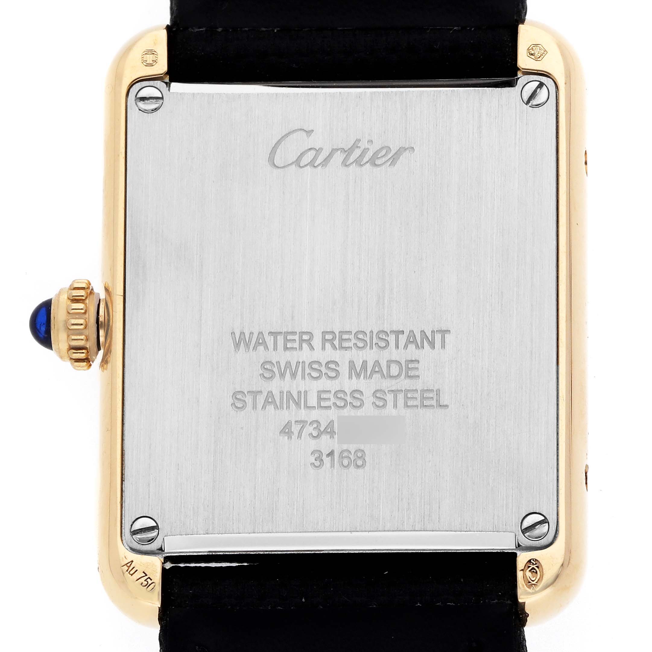 The image shows the back of a Cartier Tank Solo W5200002 Women
s Steel and Gold (two tone) Silver Dial watch, highlighting the stainless steel case and blue cabochon crown.